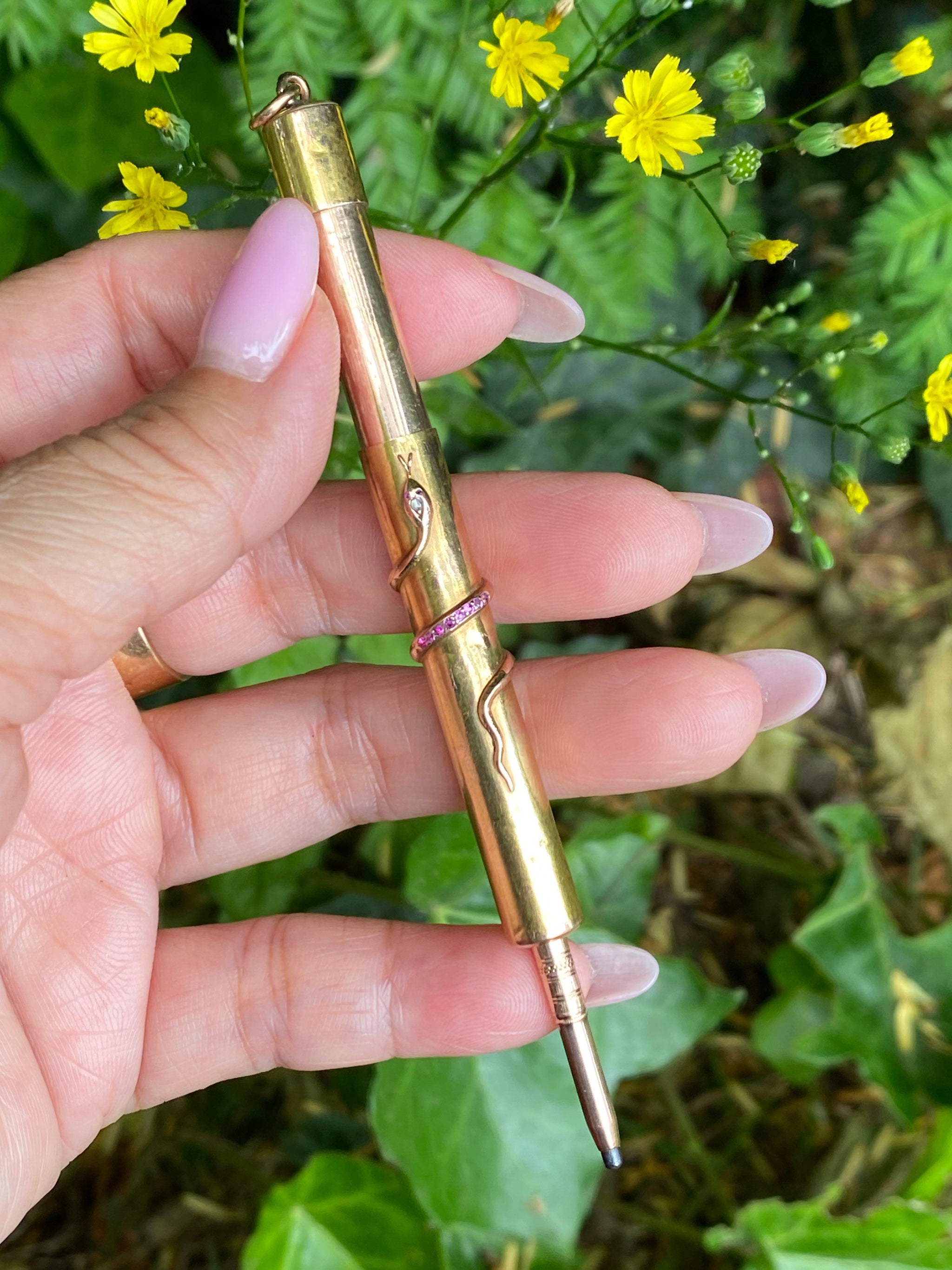 Victorian Ruby & Diamond Snake Propelling Pencil Pendant | 15ct Gold | Antique Mechanical Pencil Necklace