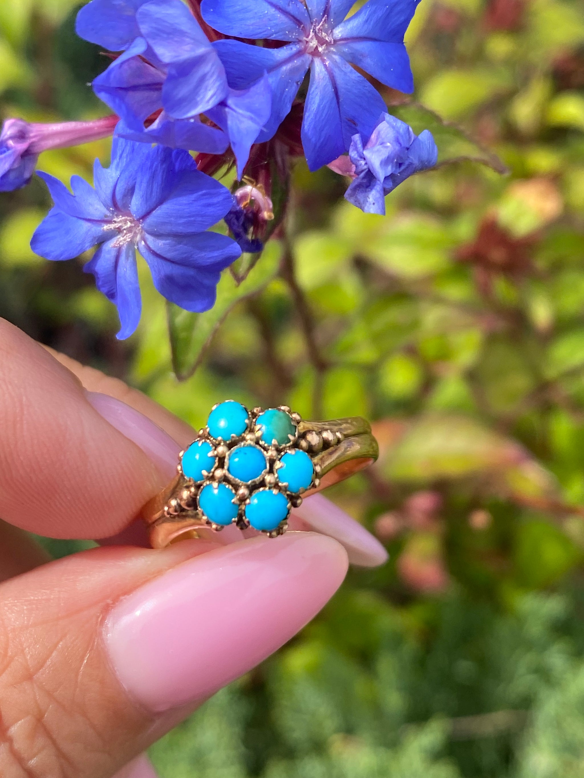 Georgian Turquoise Flower Ring | c.1820–1840 | 22ct Gold | Full British Hallmarks | Antique Locket Back Ring