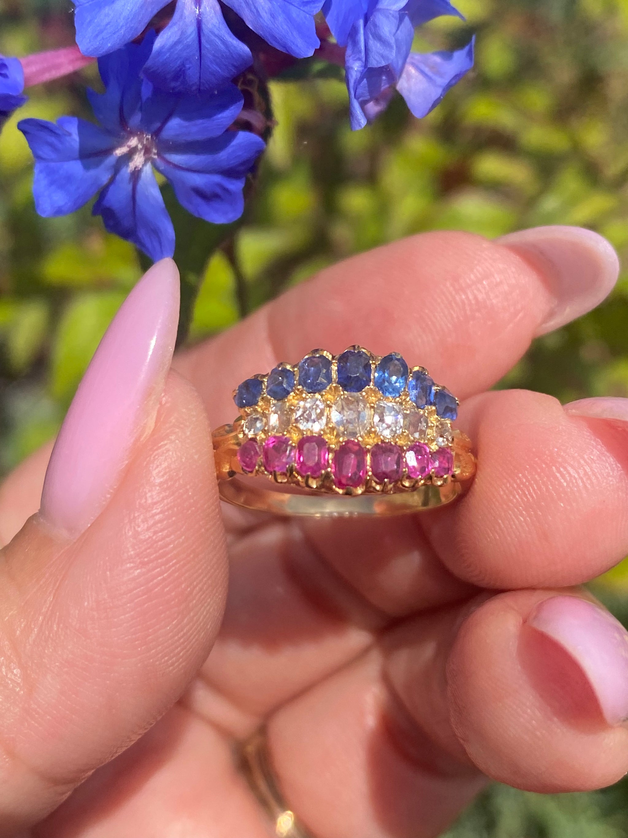 Victorian Sapphire, Ruby & Diamond Navette Ring | 18ct Gold | Antique Three-Stone Cluster Ring