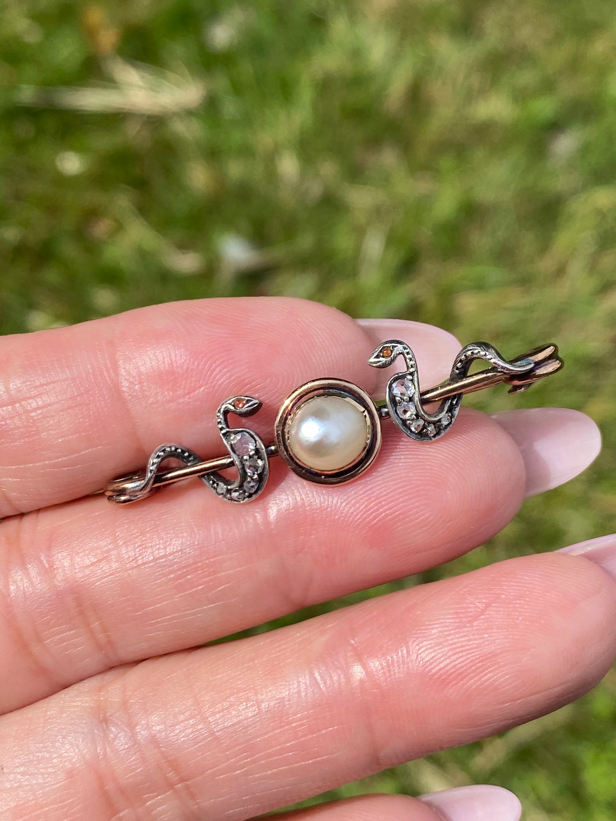 Victorian Double Snake Pearl & Diamond Brooch | 9ct Gold | Antique Rose Cut Diamonds | c.1880