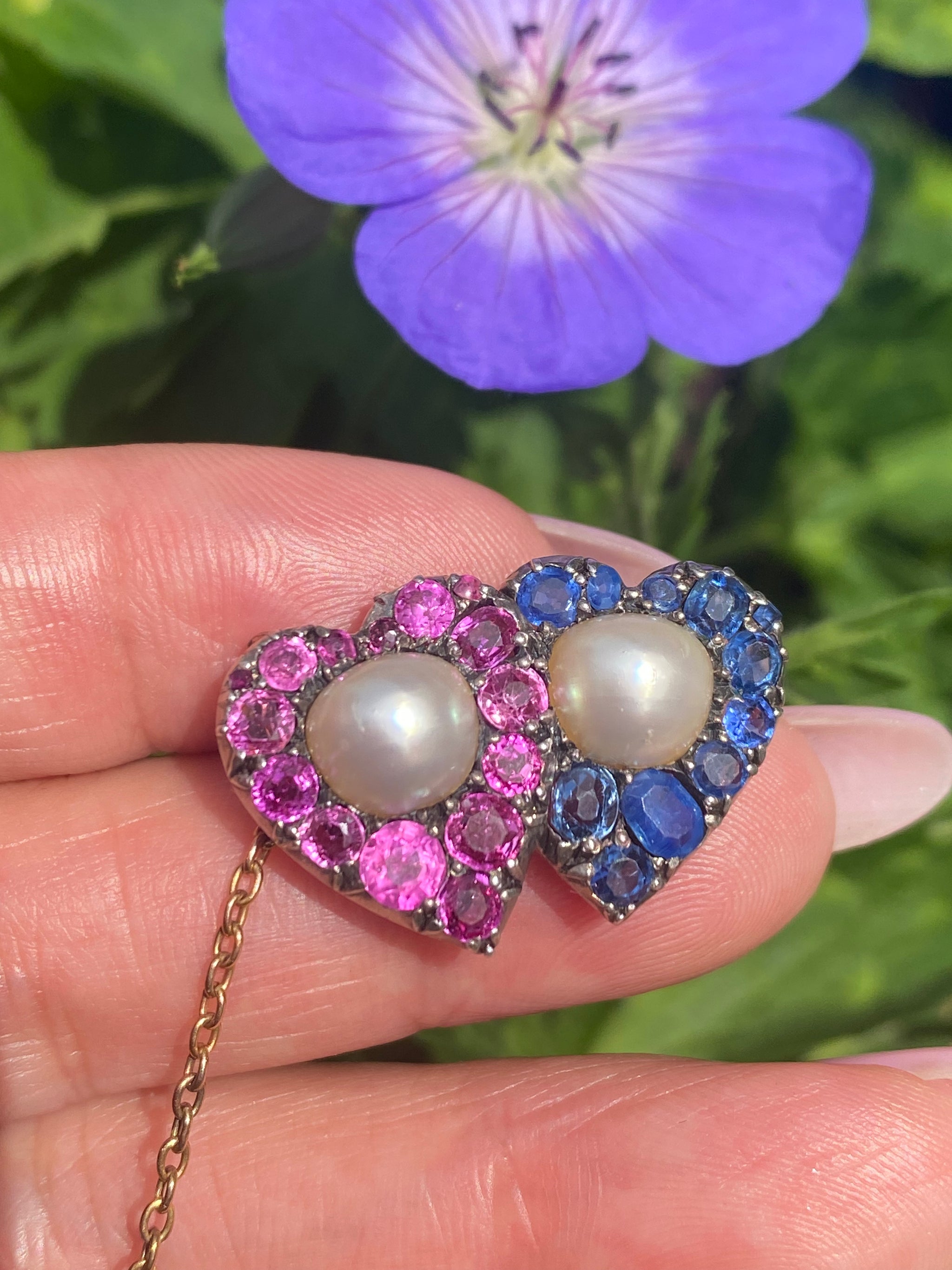 Victorian Ruby, Sapphire & Pearl Double Heart Brooch with Safety Chain | c.1880–1900 | 15ct Gold