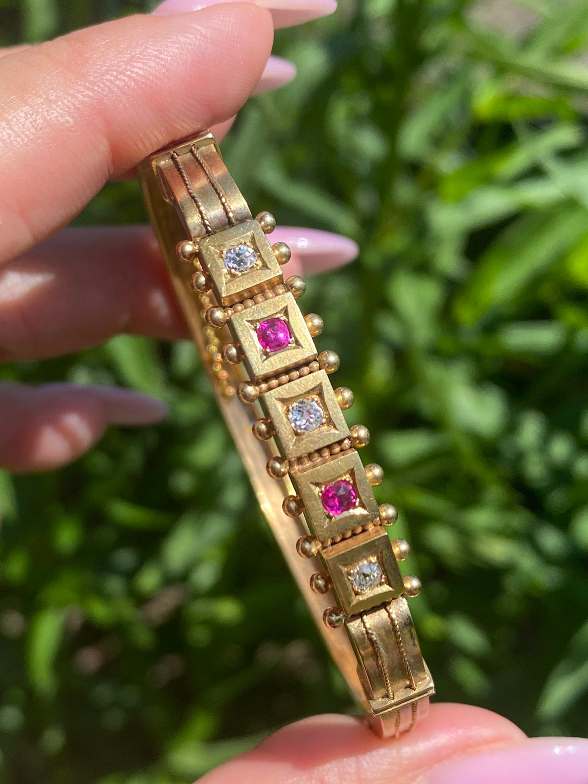 Victorian Ruby & Old Mine Cut Diamond Bangle with Safety Chain | c.1890 | 15ct Gold