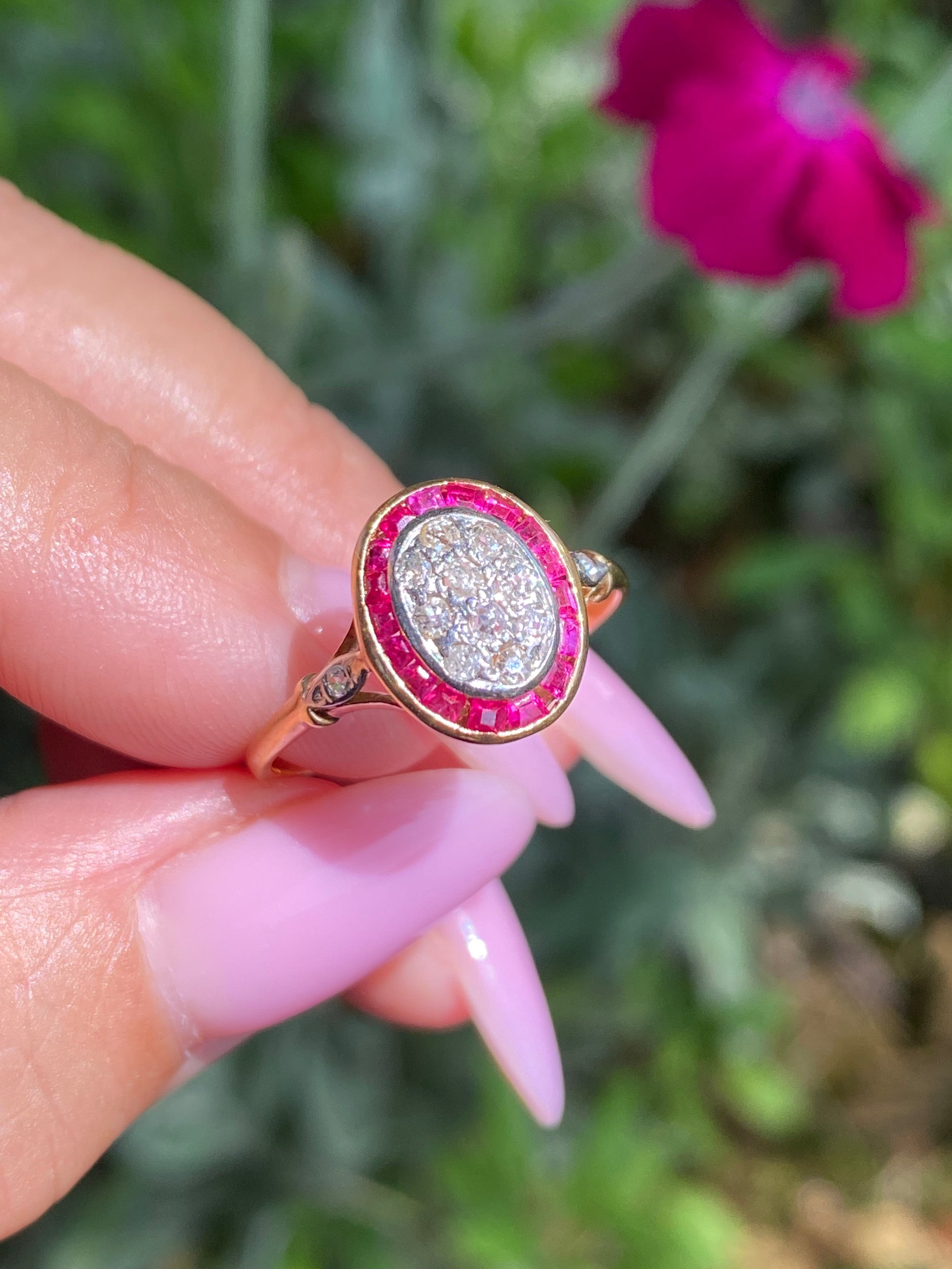 18ct Gold Ruby & Diamond Cluster Ring | Art Deco Style | Oval Ruby Halo Ring