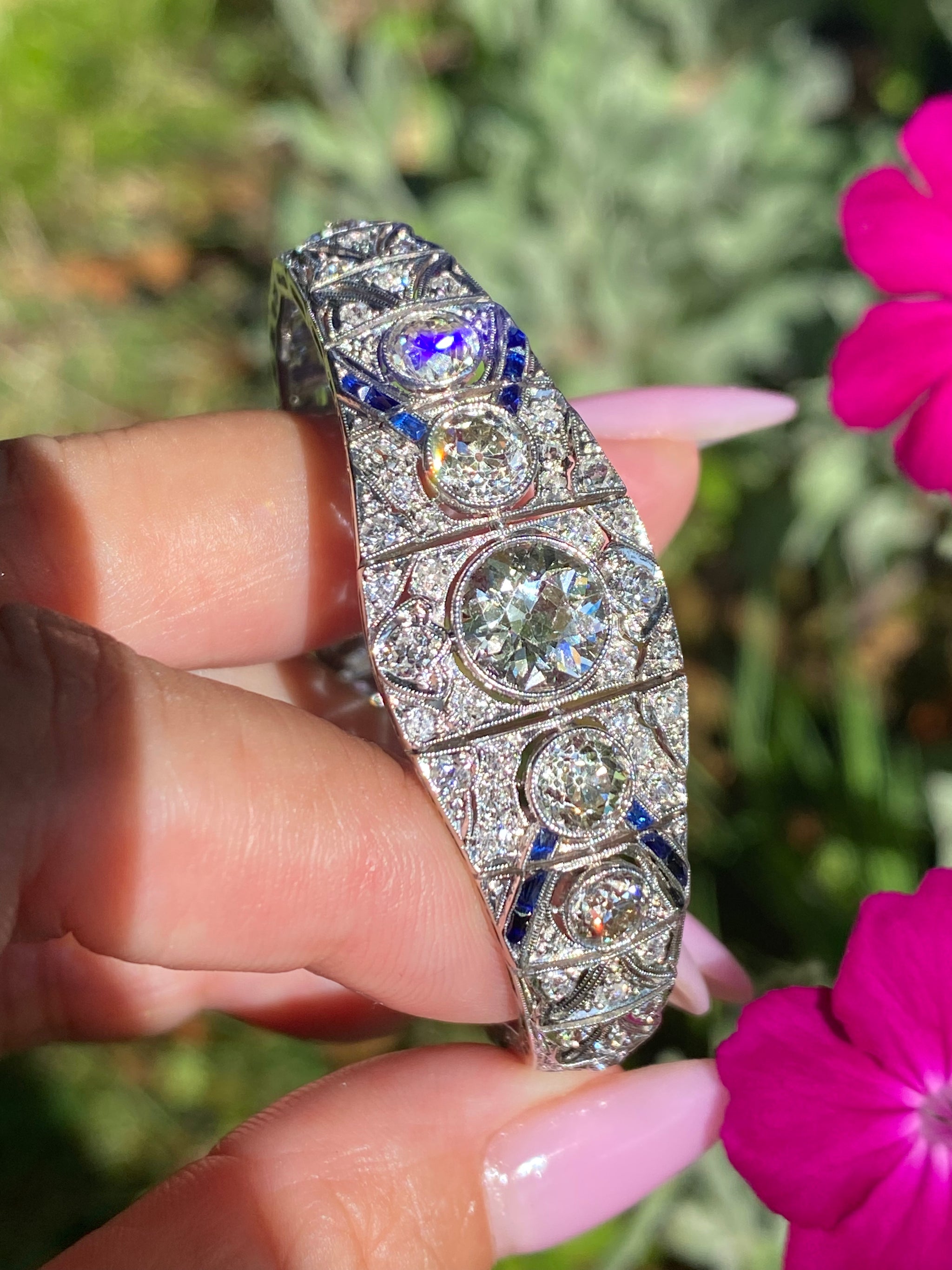 Exceptional Art Deco Diamond & Sapphire Bracelet | Platinum | Approx. 7.0 Carats Old European Cut Diamonds | c.1930