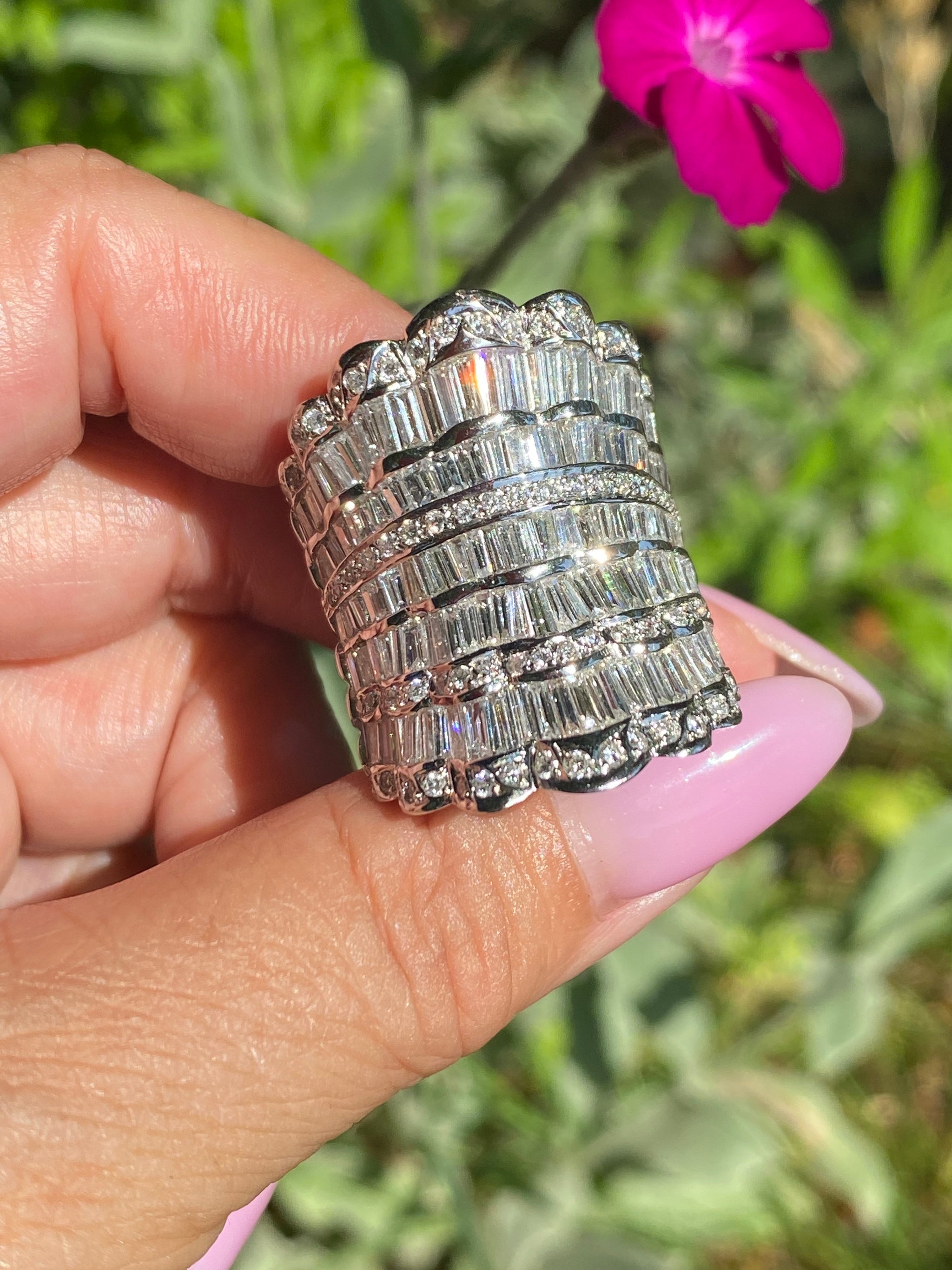 18K White Gold Natural Diamond Statement Ring | Wide Baguette & Round Diamond Cocktail Ring | High Jewellery | 30.92g