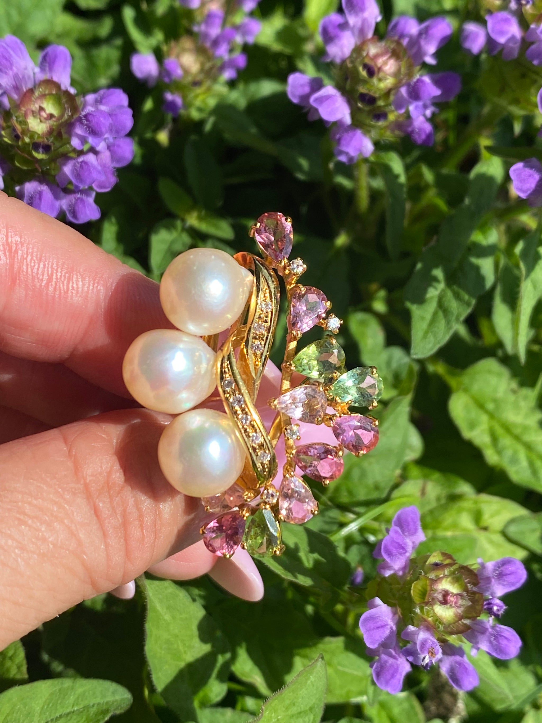 18K Gold Natural Pink Sapphire, Peridot, Pearl & Diamond Floral Cocktail Ring | Boutique High Jewellery