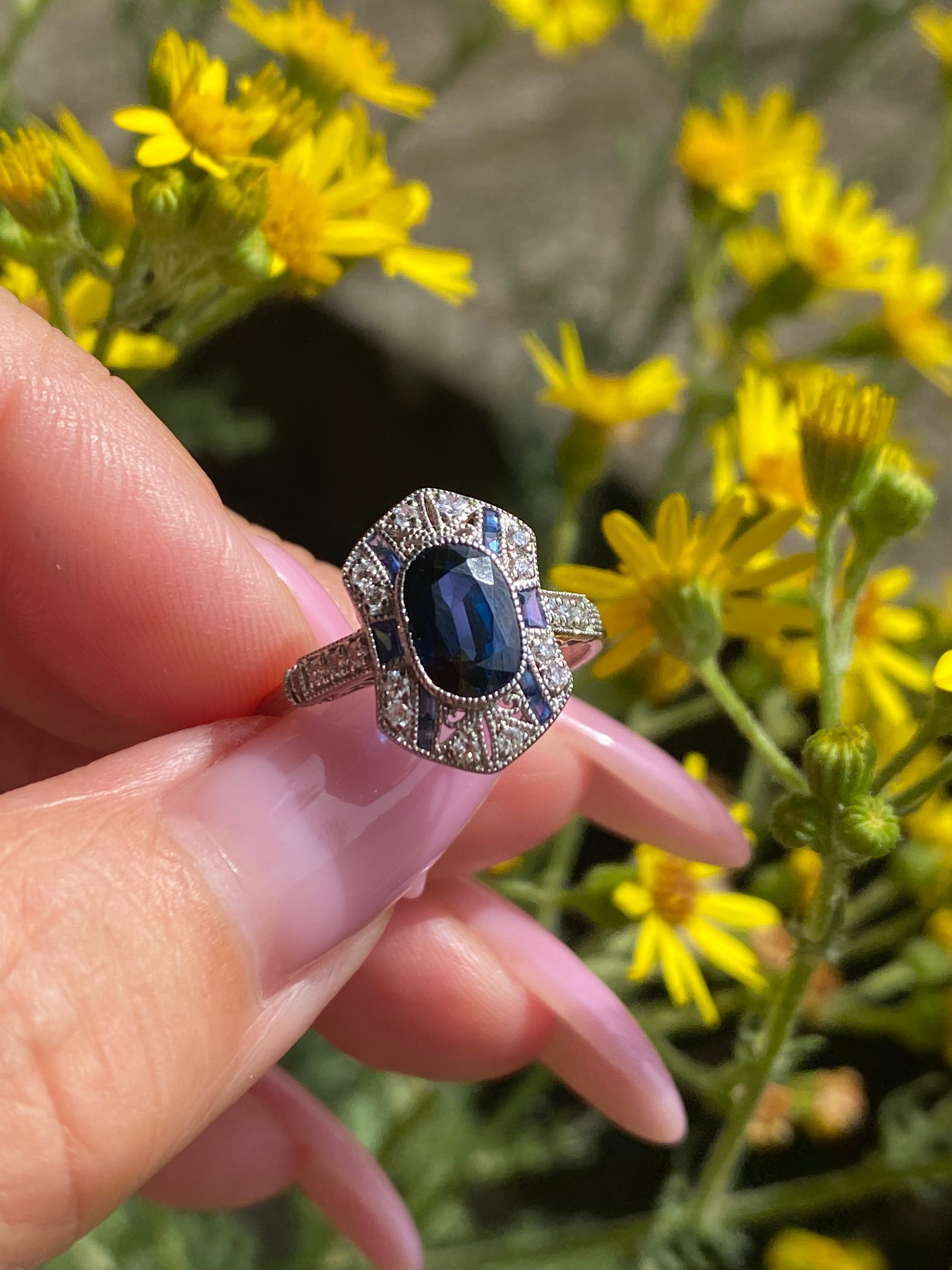 Natural Sri Lankan Sapphire & Diamond Art Deco Platinum Ring | Certified 1.66ct Sapphire | Pt950 Vintage Style Ring | Fine Estate Jewellery