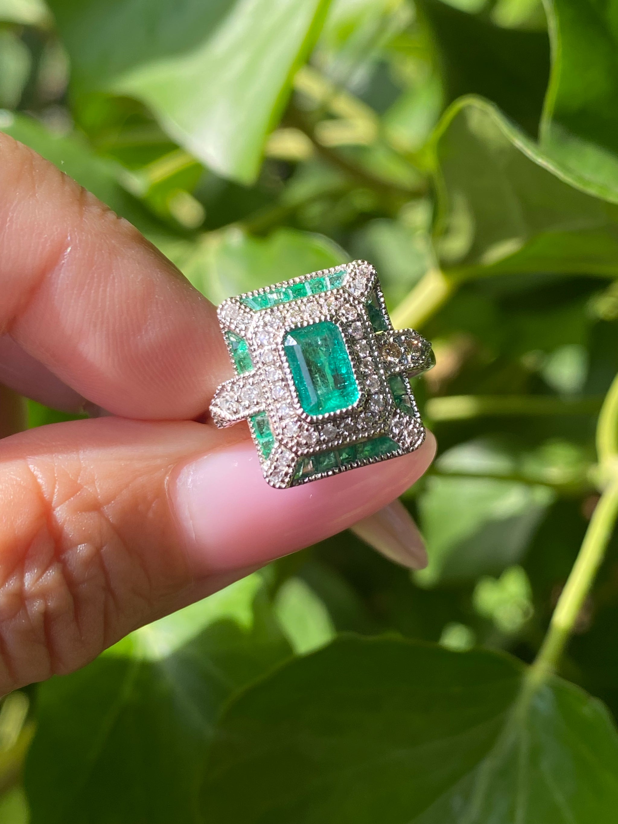 Natural Colombian Emerald & Diamond Art Deco Ring | Pt950 Platinum | Certified 0.58ct Emerald | Fine Vintage Style Jewellery