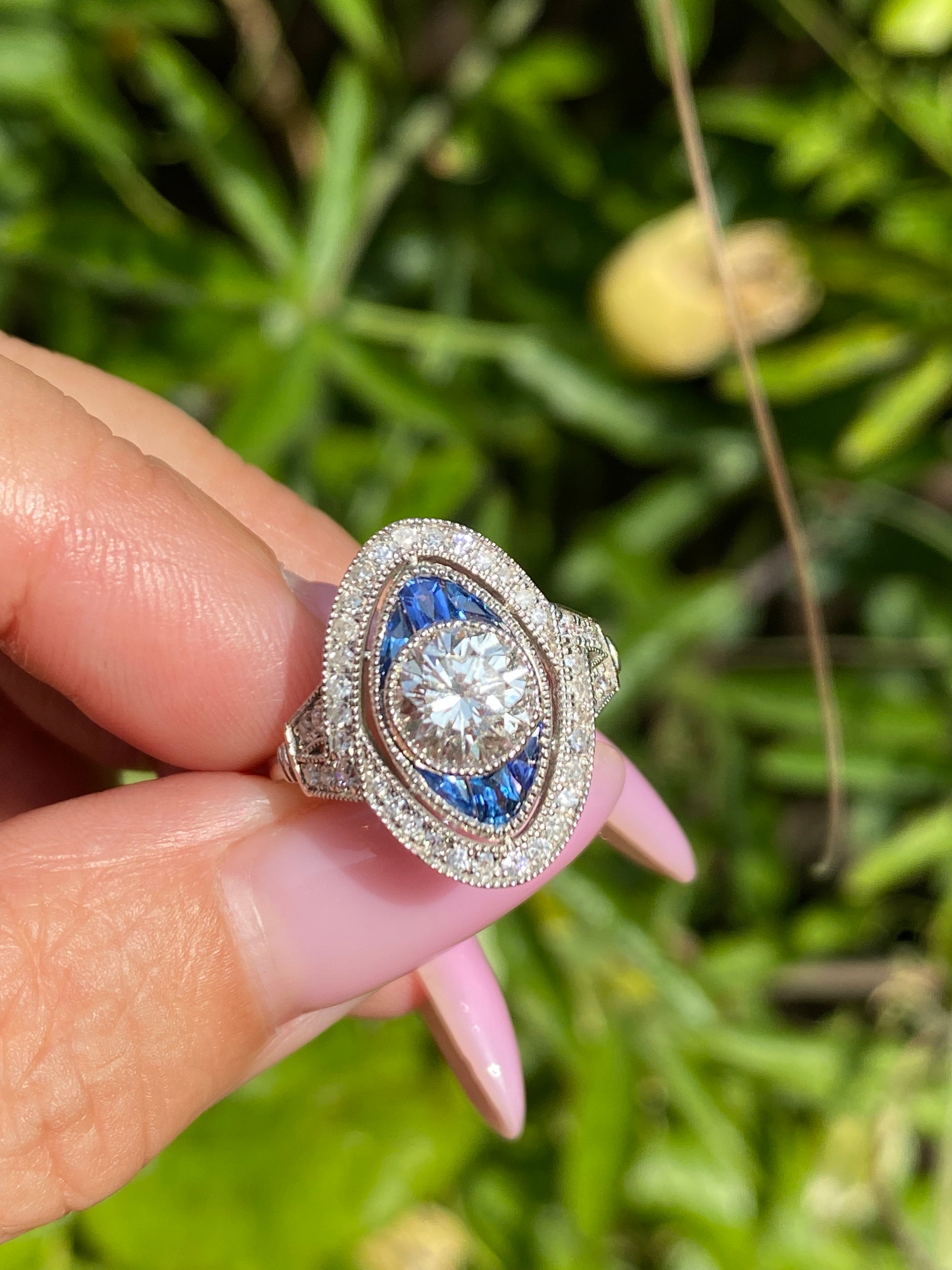 Natural 1.14ct Diamond & Sapphire Platinum Ring | Pt950 | Art Deco Inspired Halo Ring | GGL Certified | SHECH London