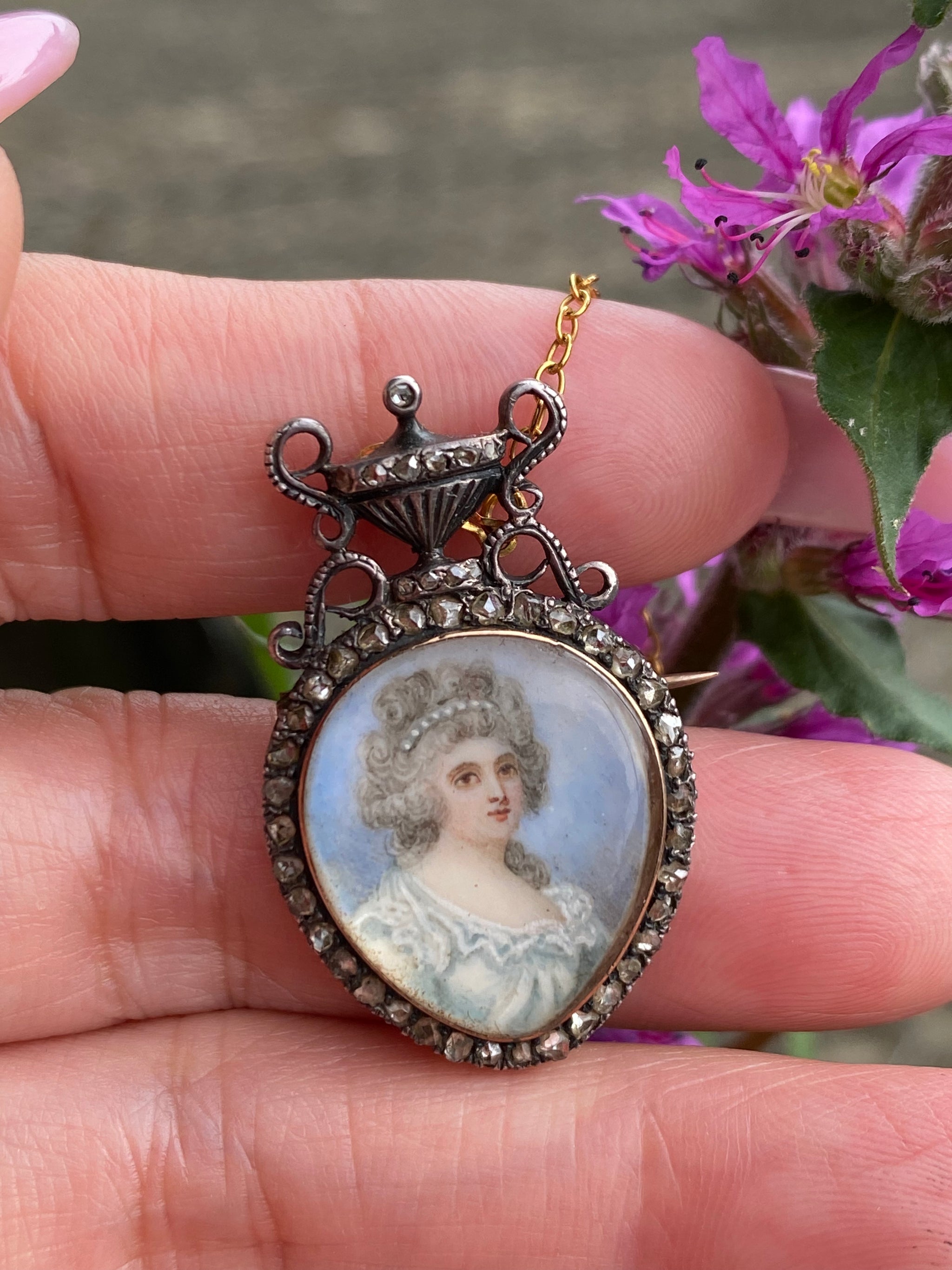 Georgian Portrait Miniature Brooch | c.1820 | 18K Gold & Silver | Antique Rose Cut Diamond | Hand-Painted Portrait | Museum Quality