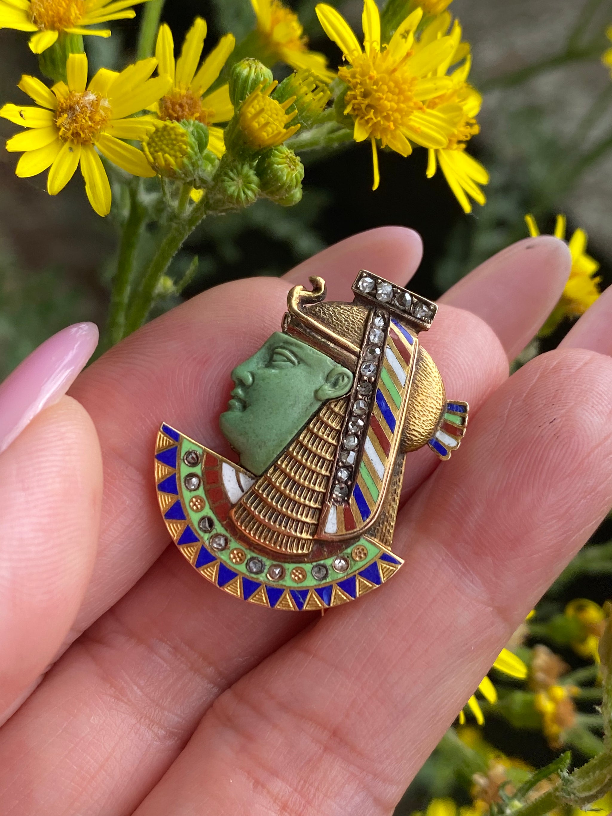 Edwardian 14K Gold Egyptian Revival Brooch | Natural Agate Pharaoh | Rose Cut Diamond & Enamel | Antique Egyptian Jewellery | c.1910–1920