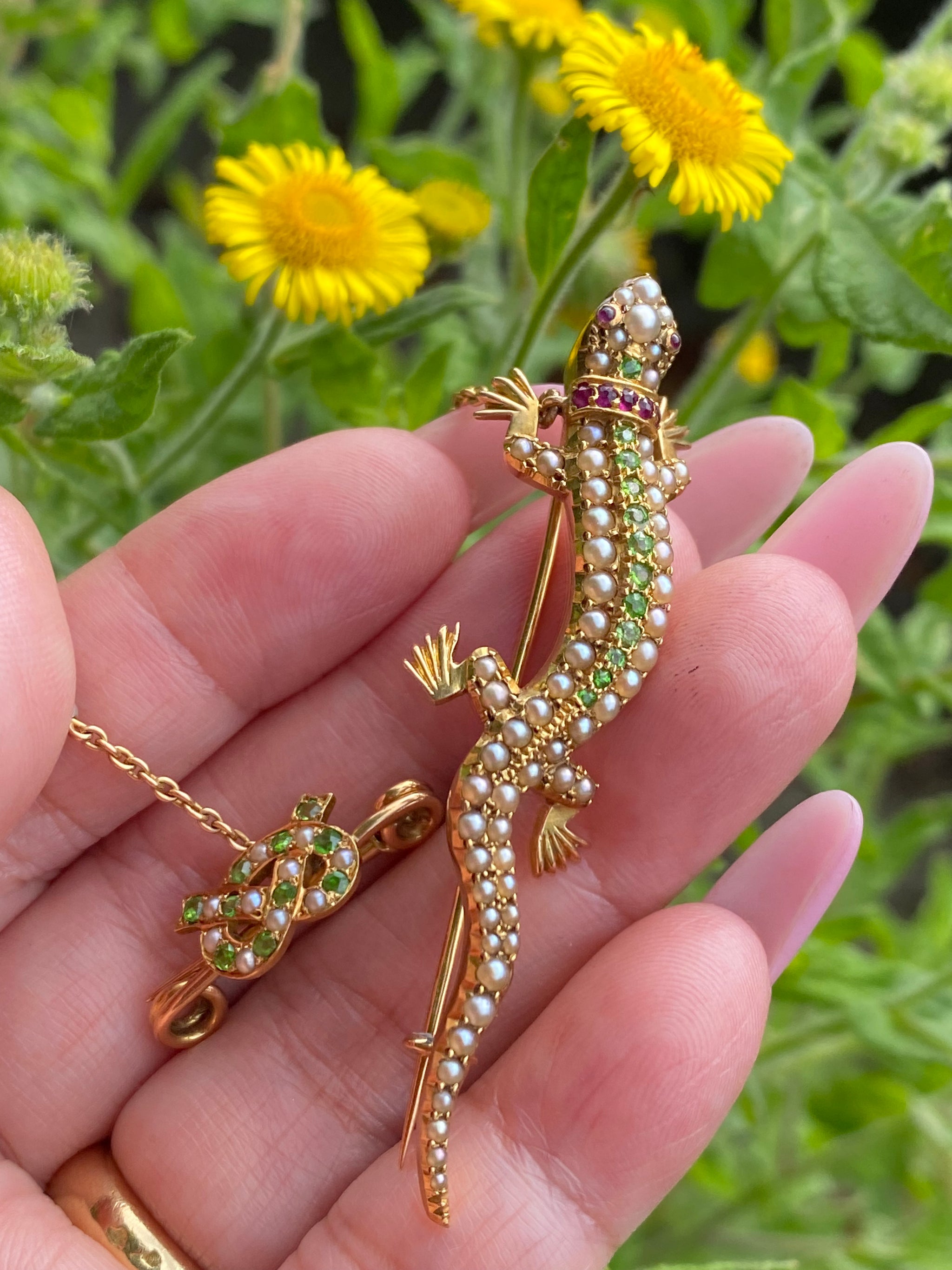 Antique Edwardian 18ct Gold Demantoid Garnet, Ruby & Natural Seed Pearl Lizard Brooch with Original Safety Chain  England, circa 1910