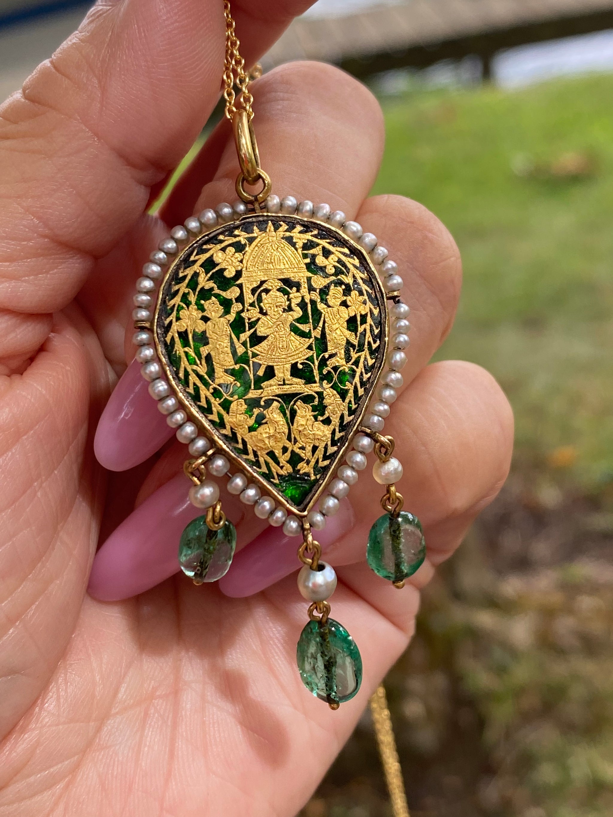 Victorian 18K Gold Gold Foil Pendant | Emerald | Seed Pearl | Orientalist Revival | Antique Necklace c.1860–1880