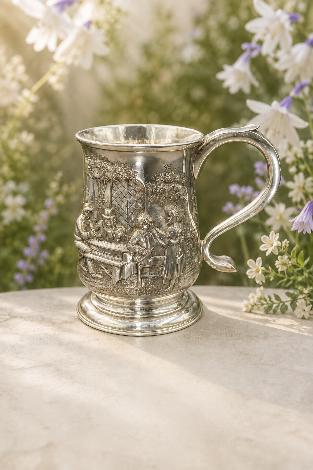 Antique 1771 Newcastle Sterling Silver Tankard by John Langlands I | Georgian Tavern Scene | Gilt Interior