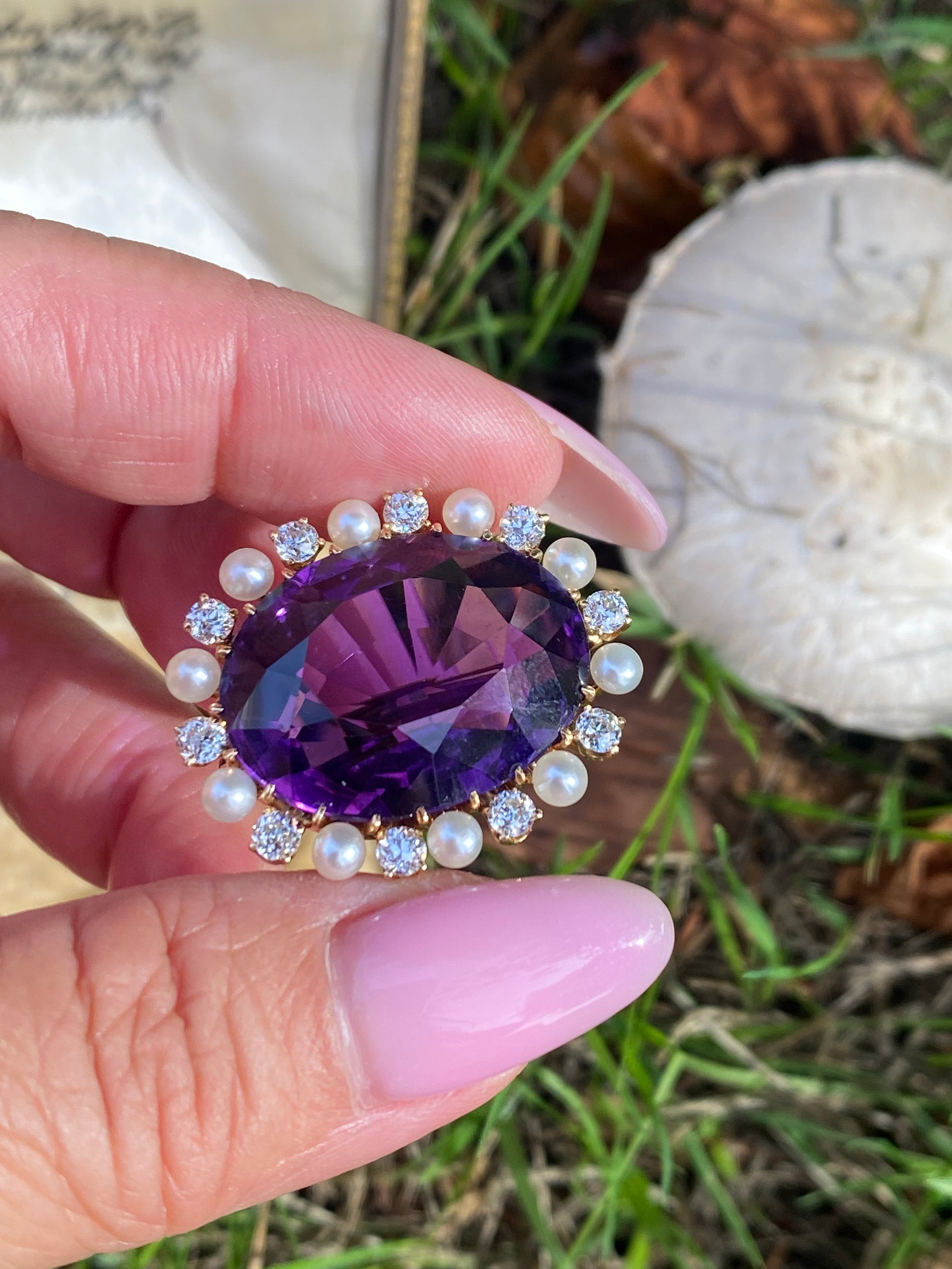 Edwardian 18K Gold Amethyst, Old European Cut Diamond & Natural Pearl Antique Brooch | c.1900–1910