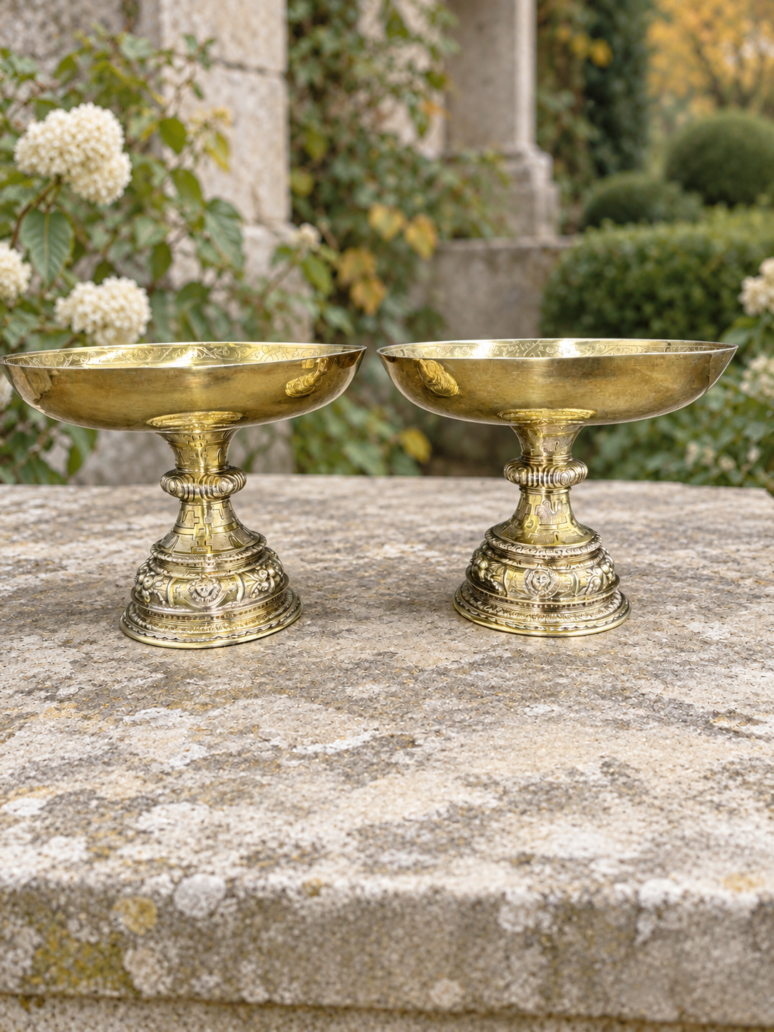 Pair of Antique Sterling Silver-Gilt Pedestal Dishes by Crichton Brothers, London 1910 & 1911 — Roman Emperor Medallions