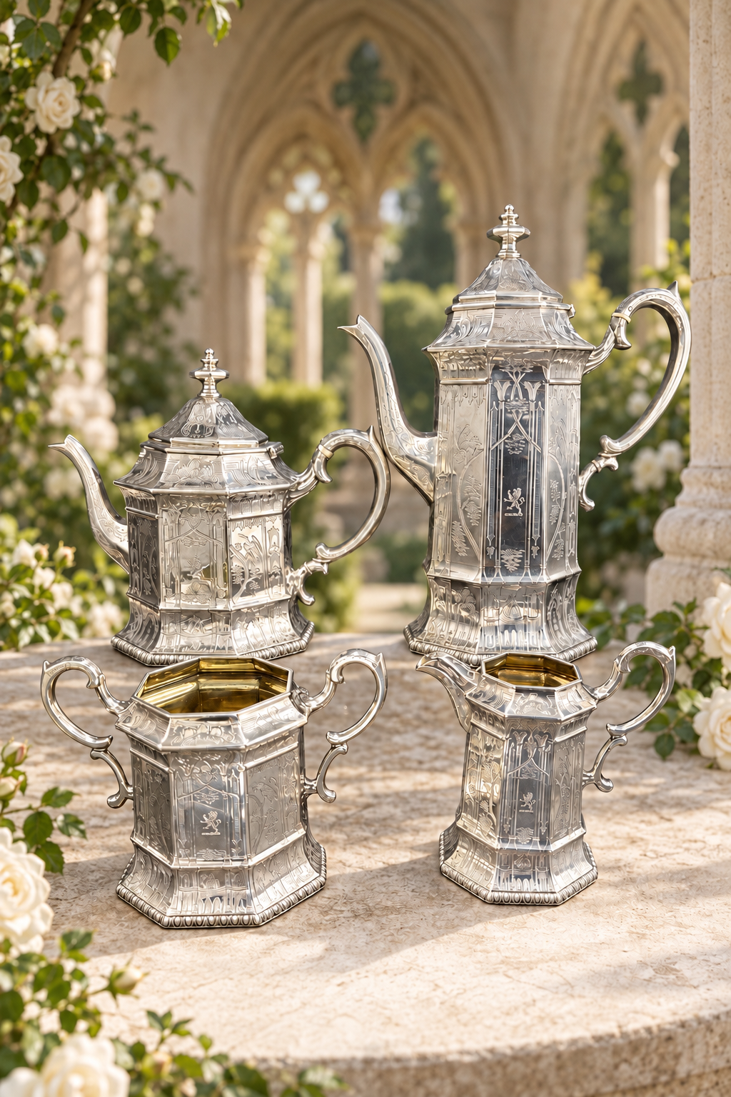 1845 Joseph Angell Sterling Silver Gothic Revival Four-Piece Tea & Coffee Service, London — 2,228g