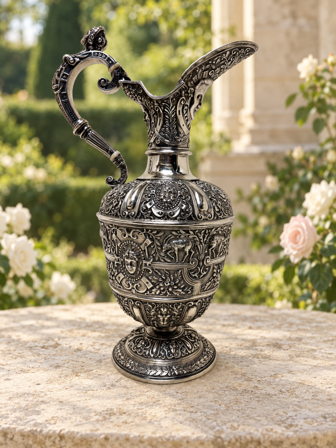 1867 Victorian Sterling Silver Cellini Revival Wine Ewer by Goldsmiths’ Alliance Ltd, London — 808g