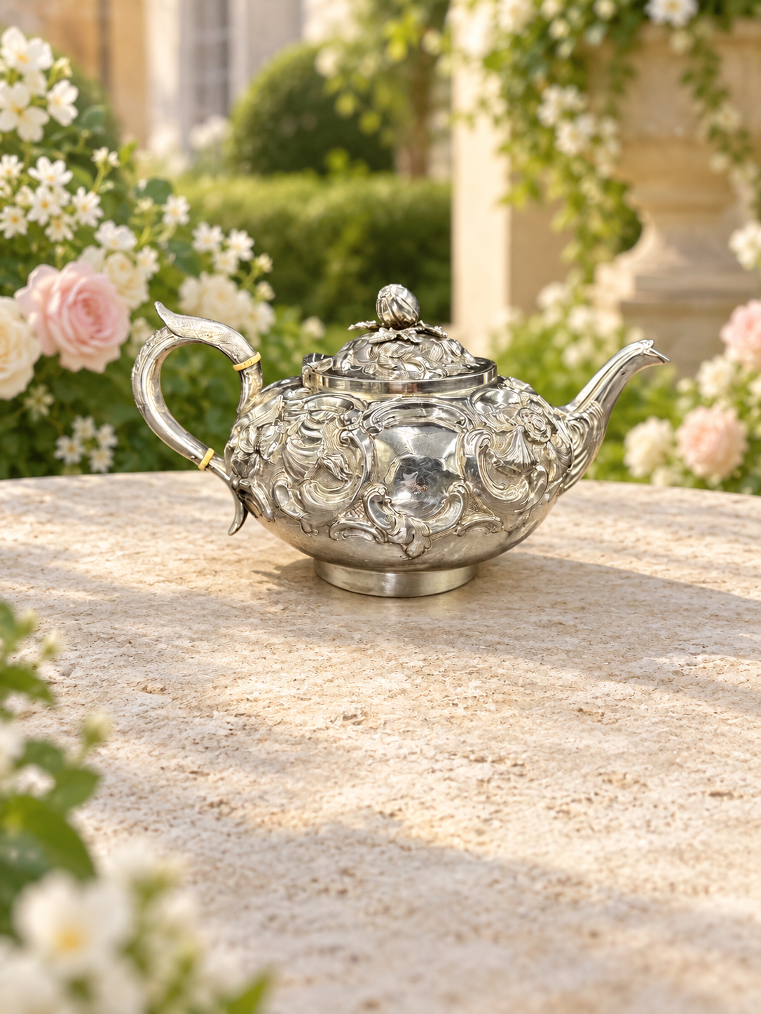 1845 Victorian Sterling Silver Floral Teapot by William Robert Smily, London — High Relief Decoration