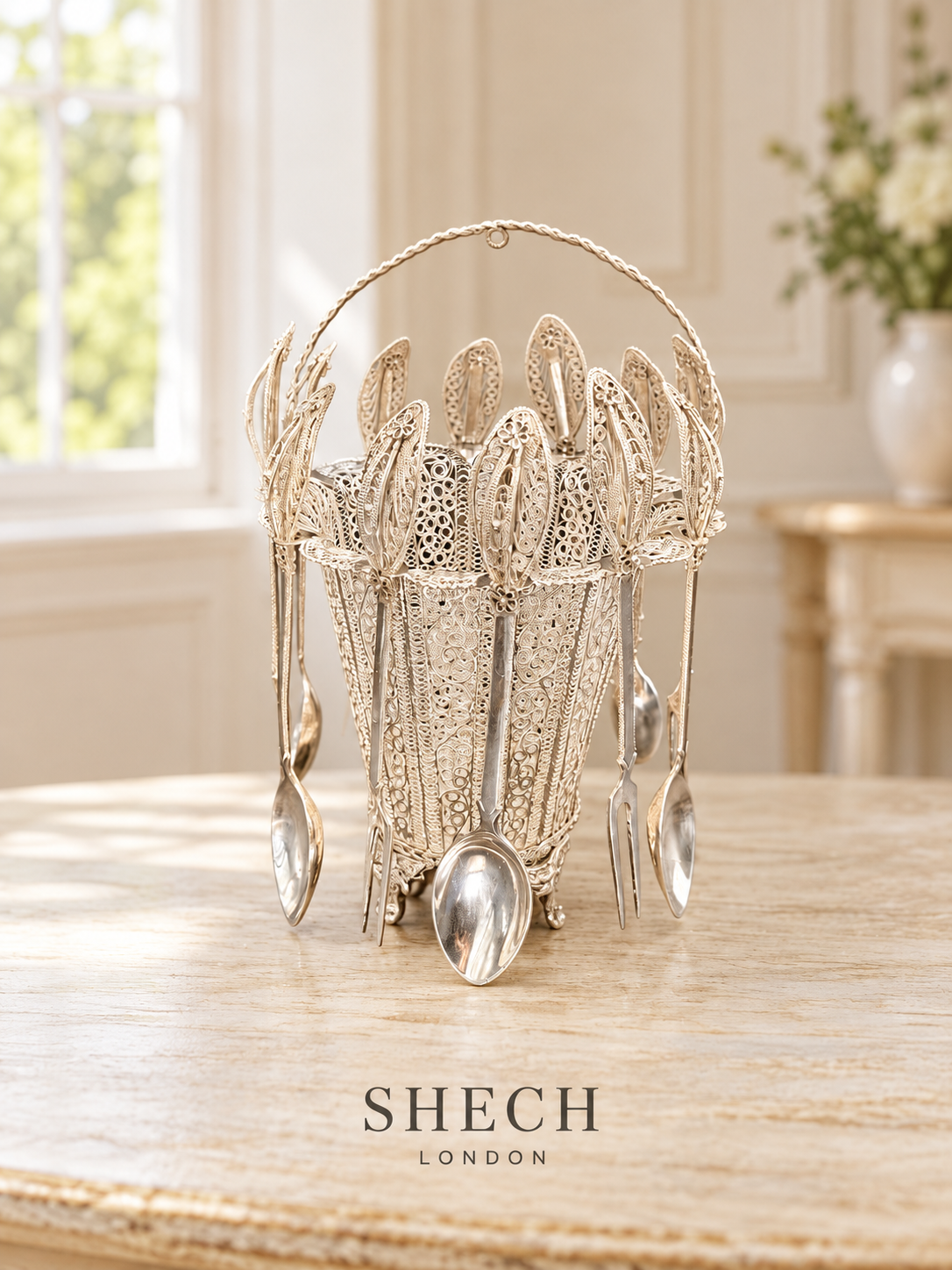 800 Silver Filigree Fruit & Dessert Basket with Six Forks and Six Spoons