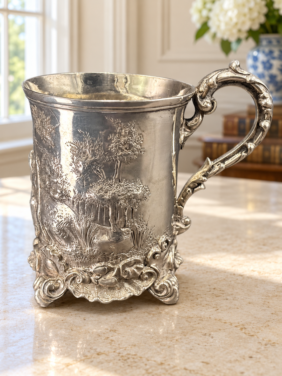 1839 Victorian Sterling Silver Mug with Gilt Interior | Charles Reily & George Storer, London | Rural Figural Decoration