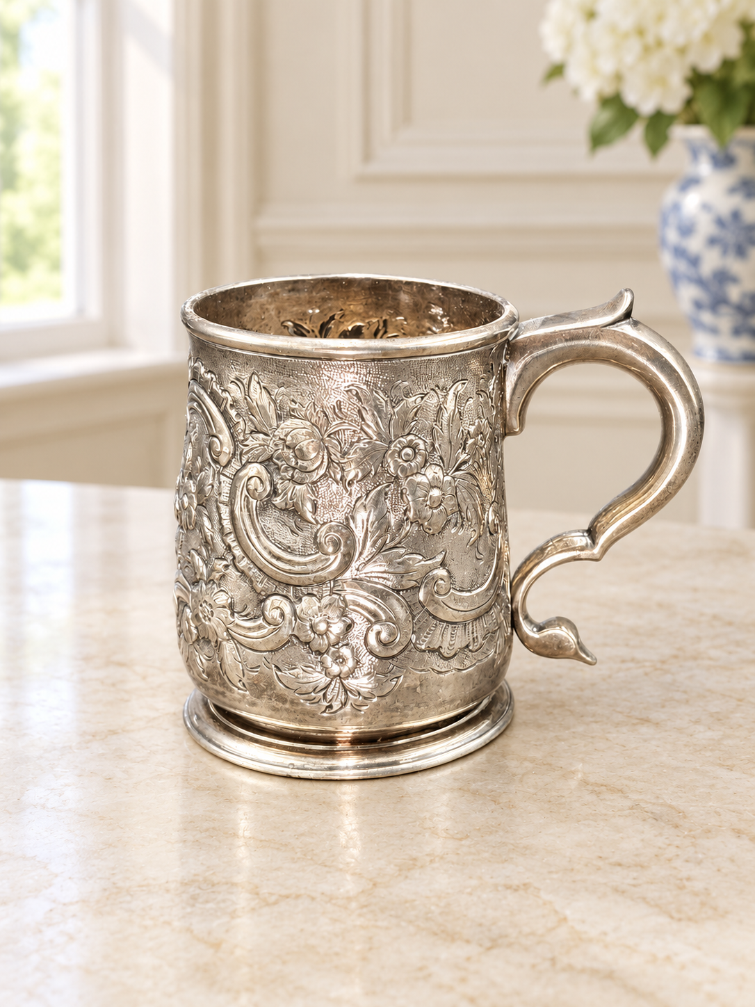 1724 George I Sterling Silver Mug with Later Floral Chasing | Attributed to John Edwards II, London