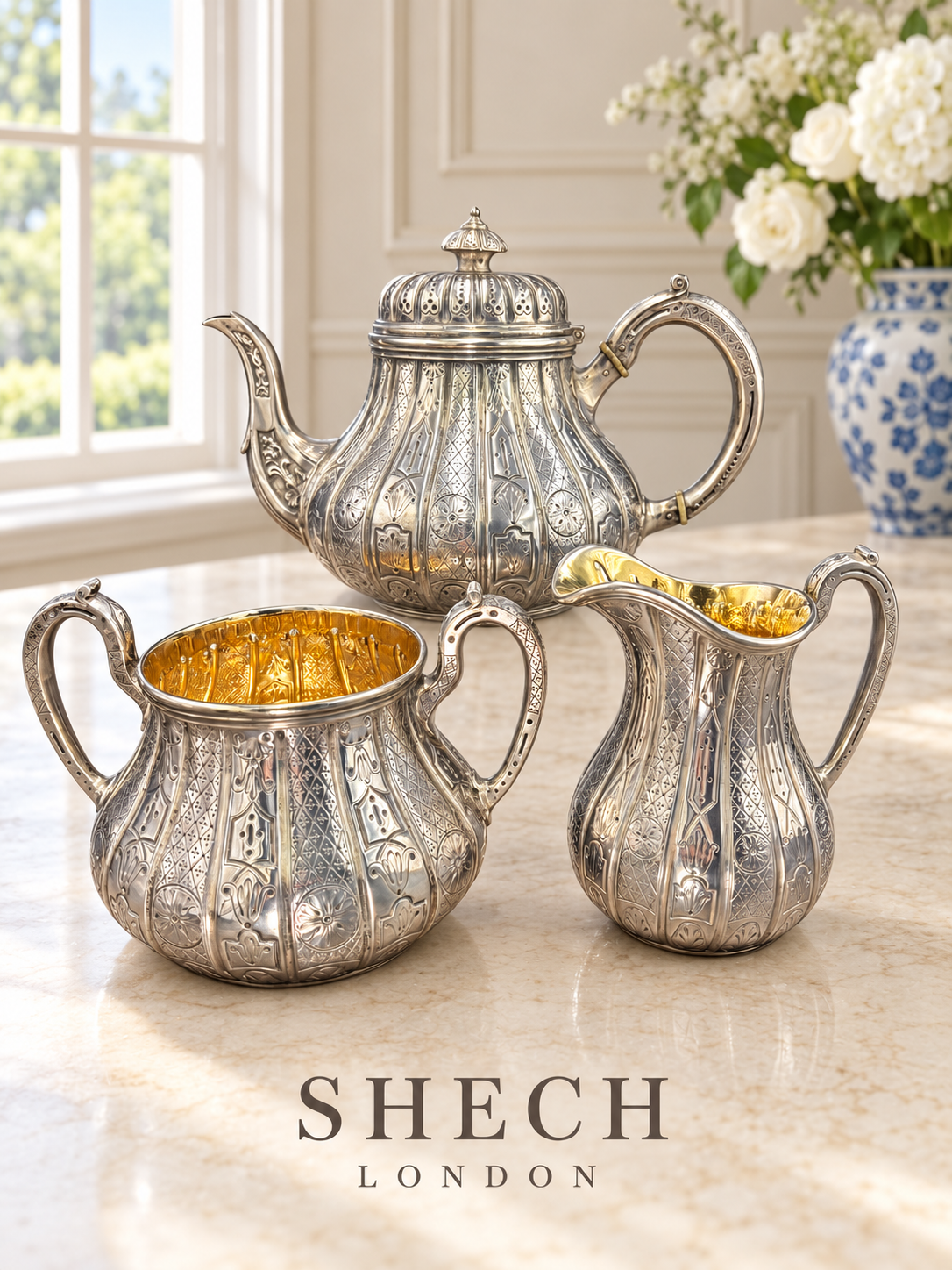 Victorian Sterling Silver Three-Piece Tea Service Hunt & Roskell · John Samuel Hunt Maker’s Mark