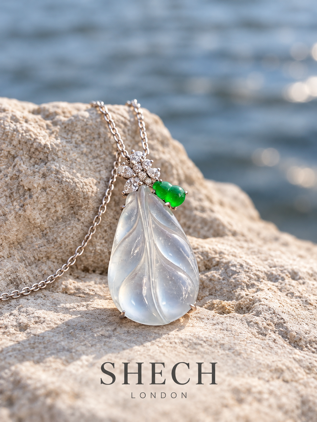 18ct White Gold Natural Icy White Jadeite Leaf Pendant with Green Jadeite Gourd and Diamonds