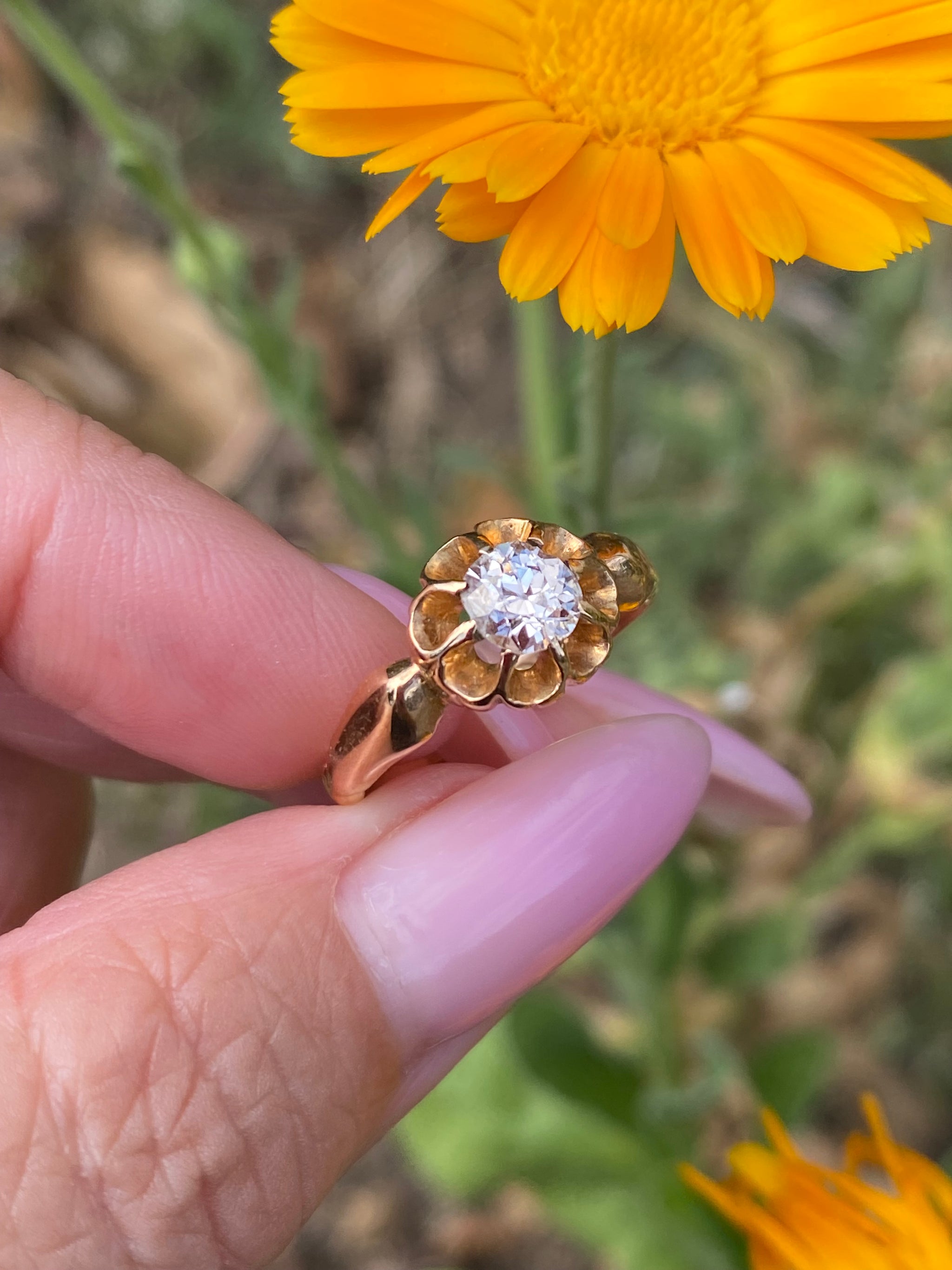 Edwardian 18ct Gold Ring | c.1911 Chester | Floral Design | Old Mine Cut Diamond 0.50ct | Antique Engagement Ring