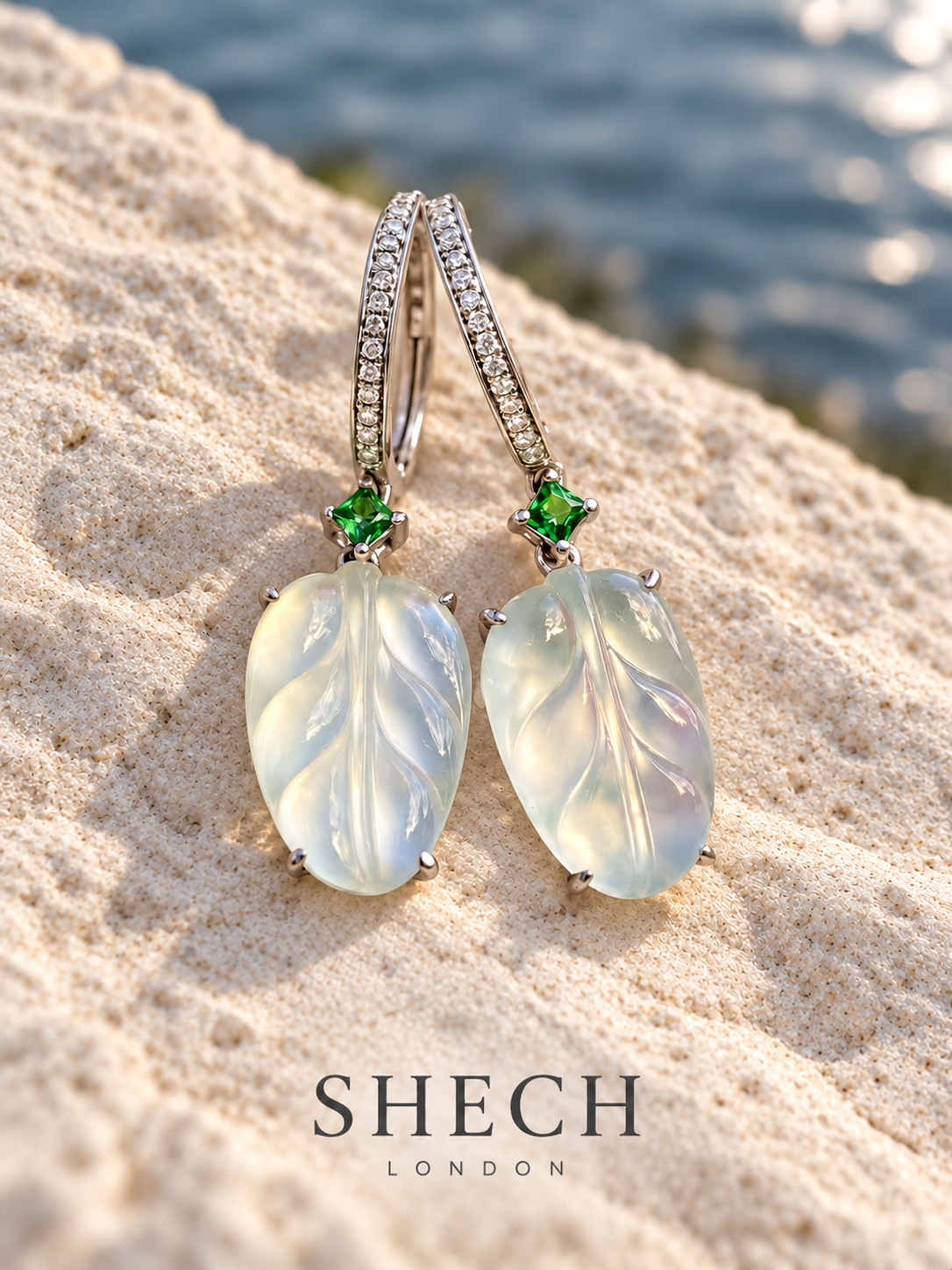 Natural Icy White Jadeite Leaf Earrings with Tsavorite Garnets and Diamonds in 18K White Gold