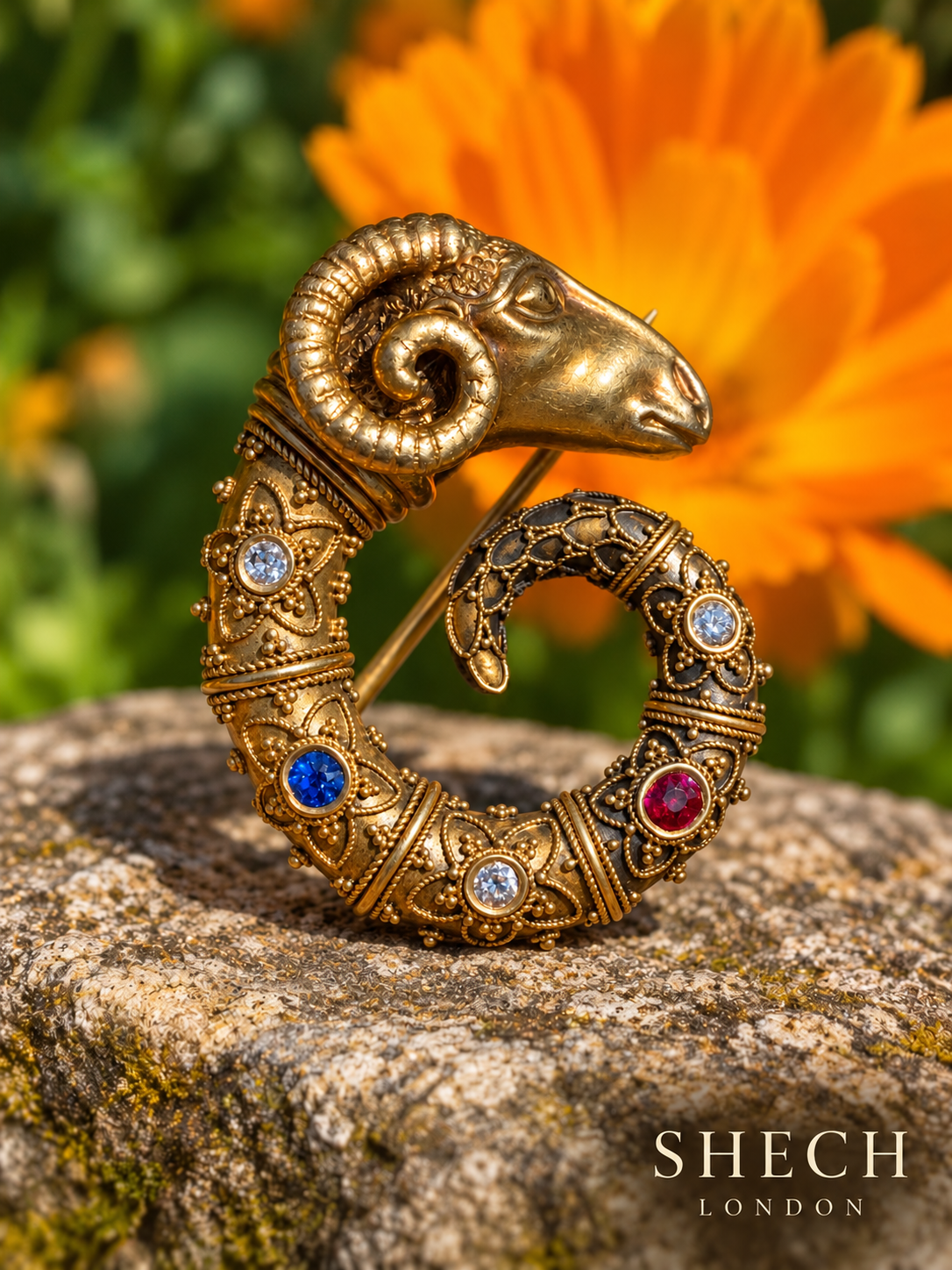 Victorian 15ct Gold Ram Head Antique Brooch Etruscan Revival Natural Sapphire, Ruby Old-Cut Diamonds c.1870