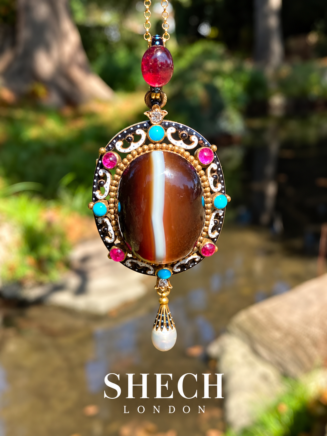 Victorian 18ct Gold Banded Agate Ruby Garnet Diamond Pendant Enamel and Pearl Antique Masterpiece