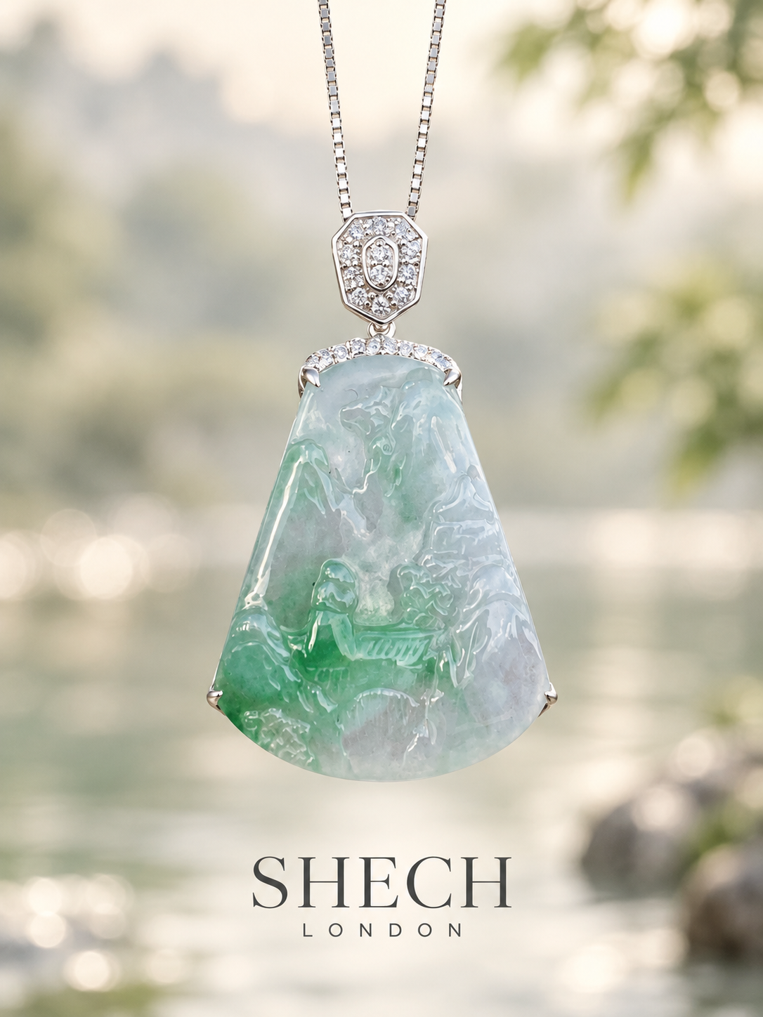 18K White Gold Natural Jadeite & Diamond Landscape Pendant | Carved Figure & Arched Bridge
