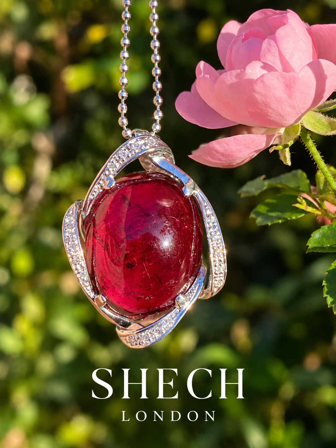 Vintage-Style 18k White Gold Rubellite Tourmaline Pendant Necklace 41.40ct Natural Rubellite Diamond Accents