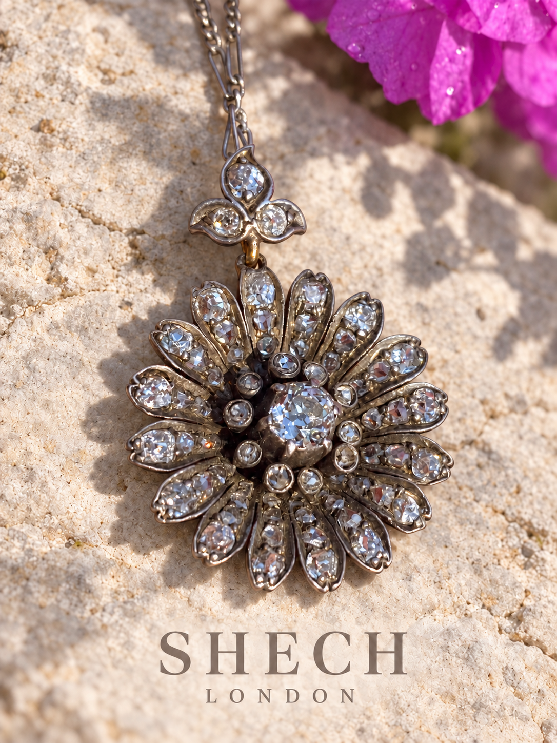 Victorian Era｜Silver on Gold Floral Pendant｜Antique Diamonds with GCS Certificate