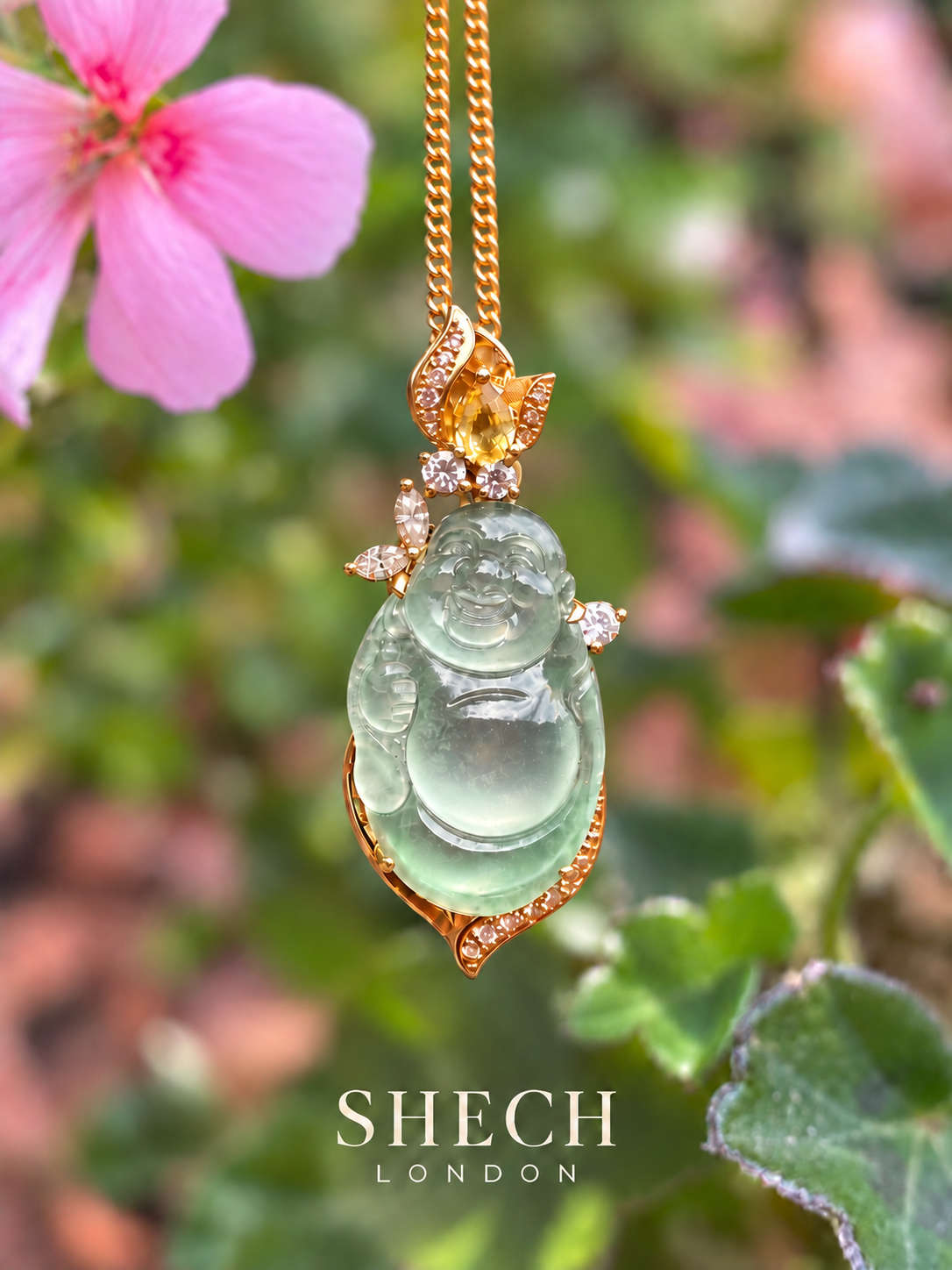 18K Yellow Gold Natural Jadeite Laughing Buddha Pendant with Natural Yellow Sapphire & Diamonds