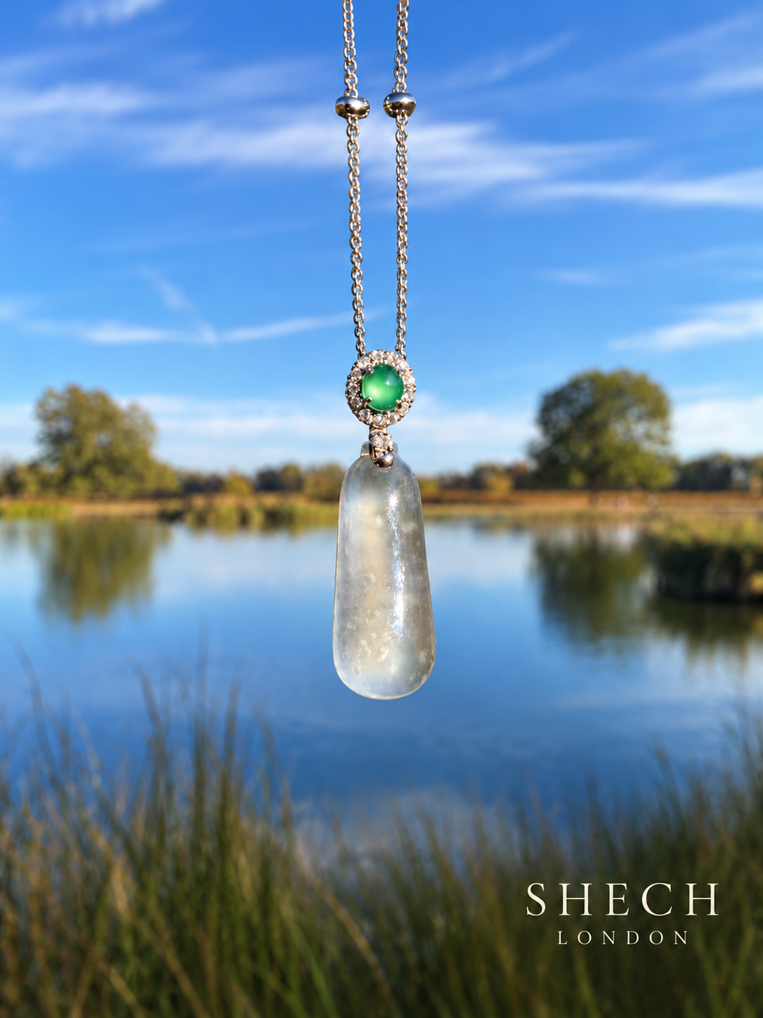 Natural White Jadeite Pendant with Green Jadeite & Diamond Accents in 18K White Gold