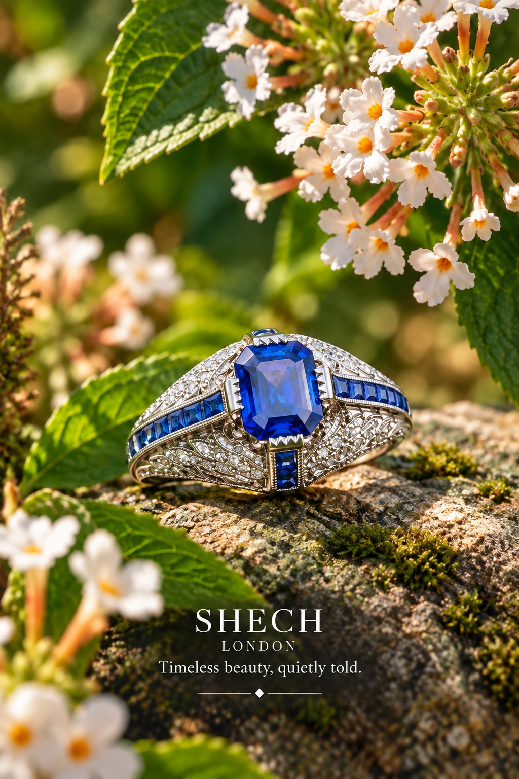 Pt950 Platinum Natural Sapphire & Diamond Ring | Art Deco Style