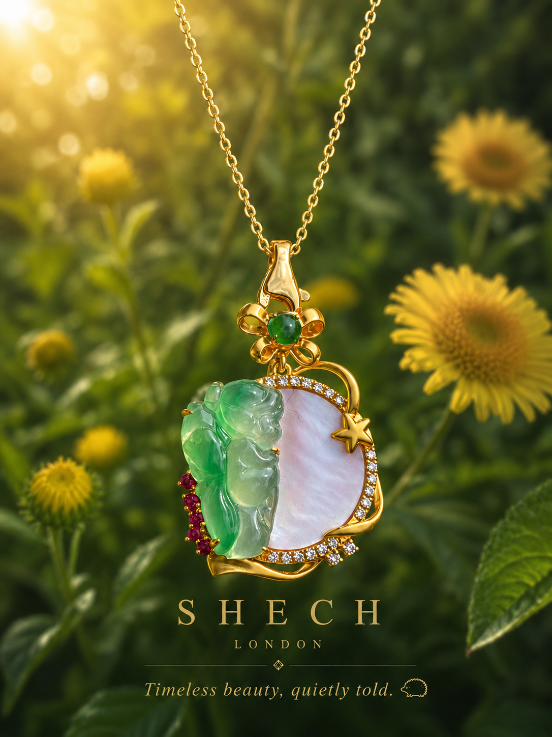 Natural Jadeite Celestial Child Pendant in 18K Gold with Mother of Pearl, Diamonds and Rubies