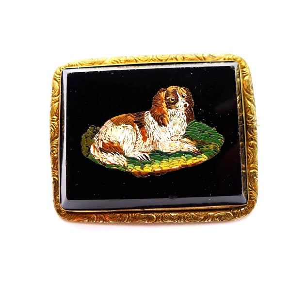 Antique Victorian Micro Mosaic Dog Brooch Metal Frame c1860