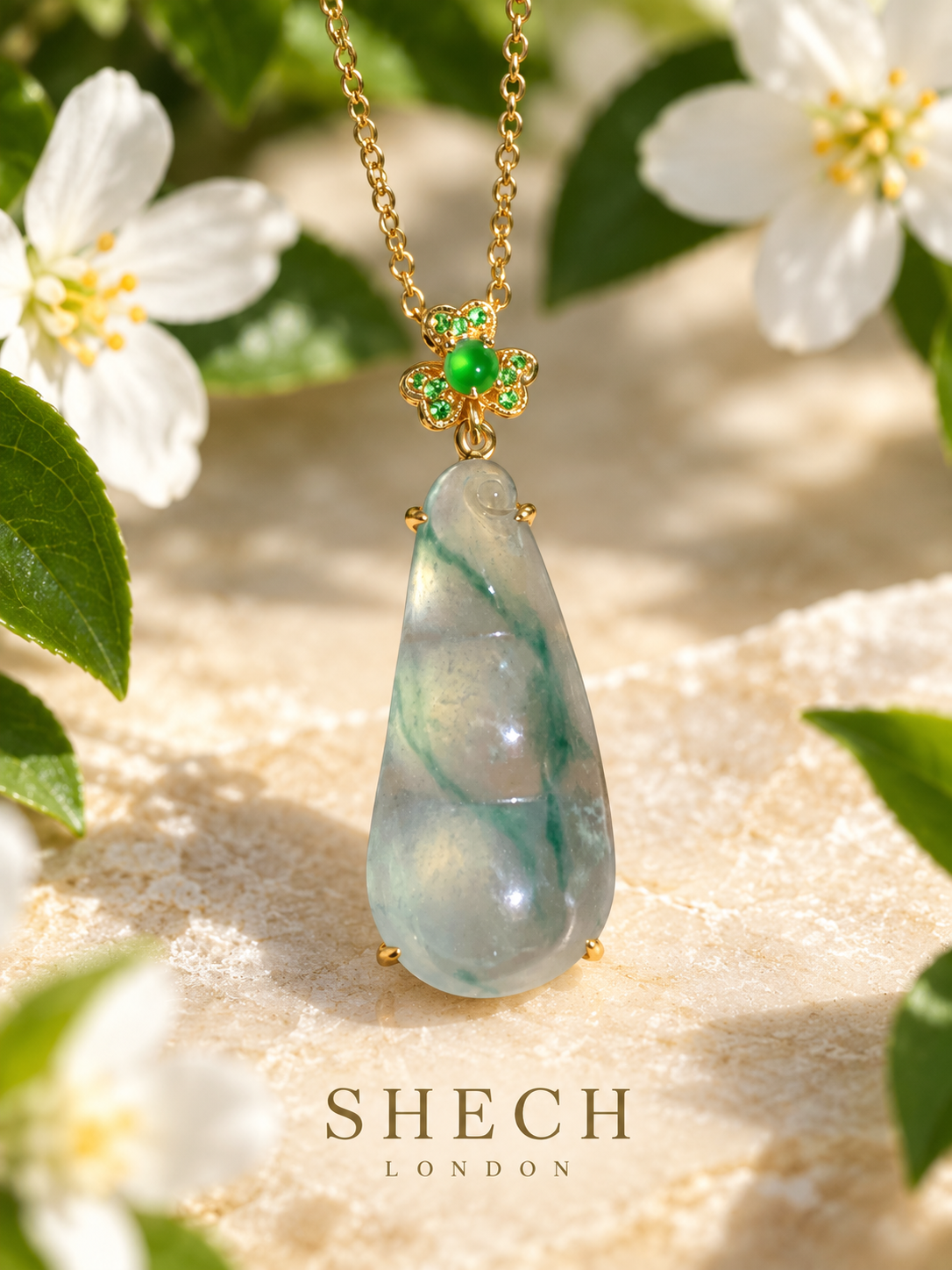 18ct Gold Natural Jadeite Bean Pod Pendant with Tsavorite Accents