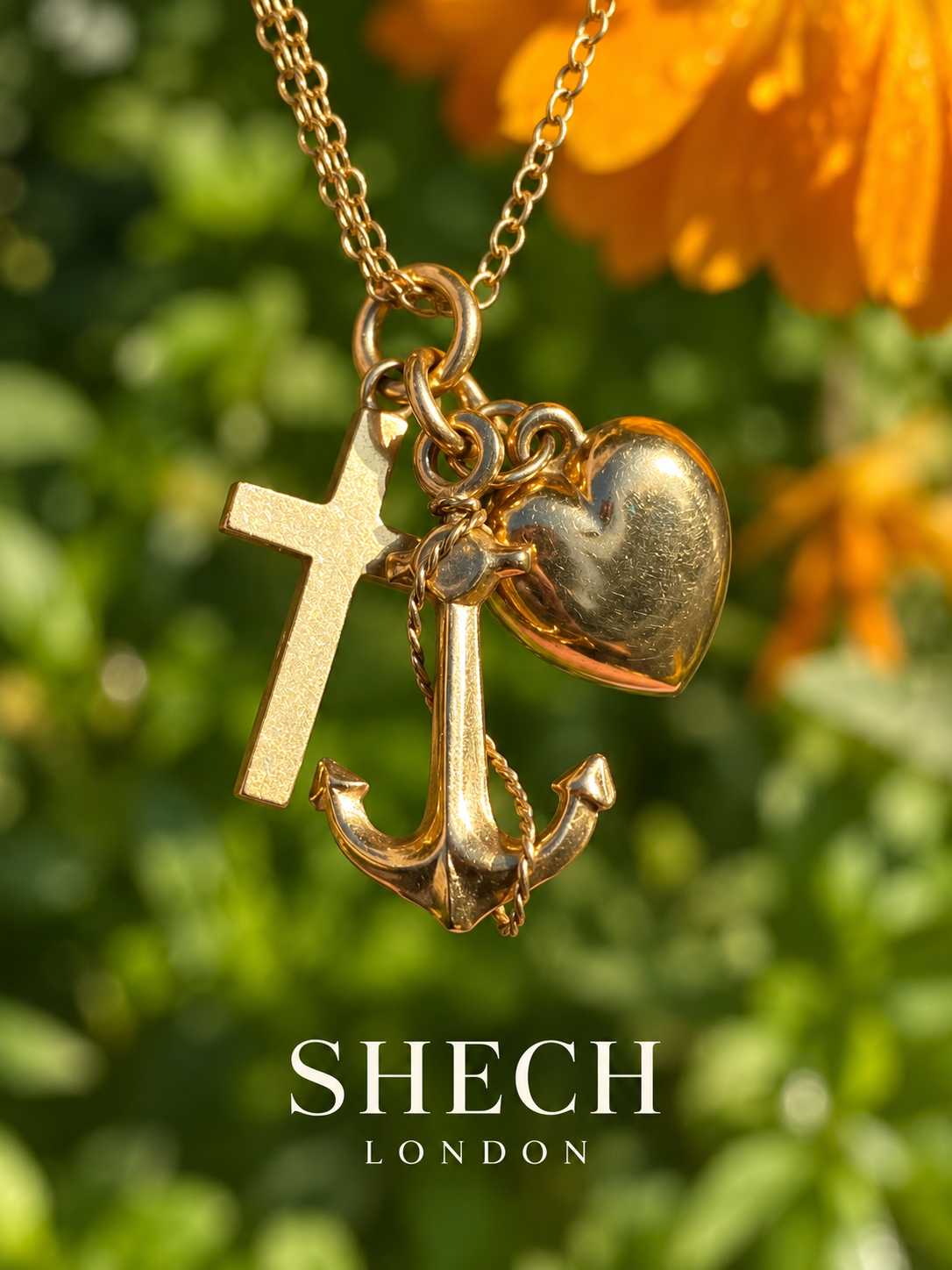 Vintage 9k Gold | Heart · Cross · Anchor Pendant Necklace
