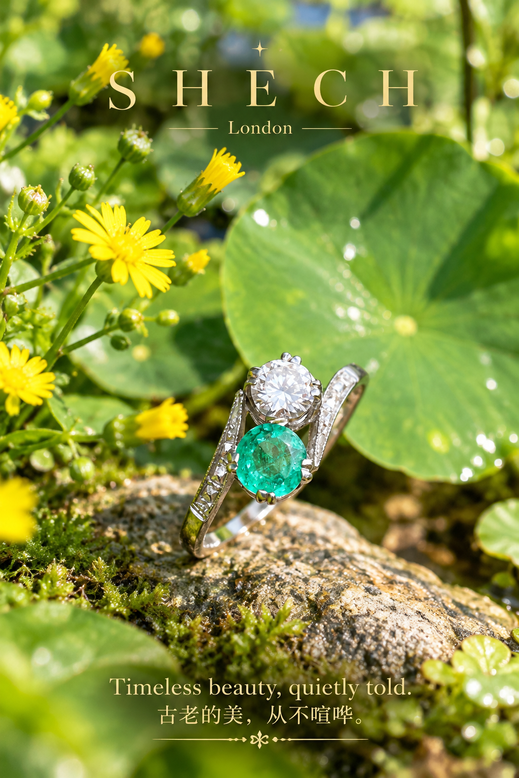 British 18ct White Gold Natural Emerald & Diamond Toi et Moi Ring, Circa 1930–1940