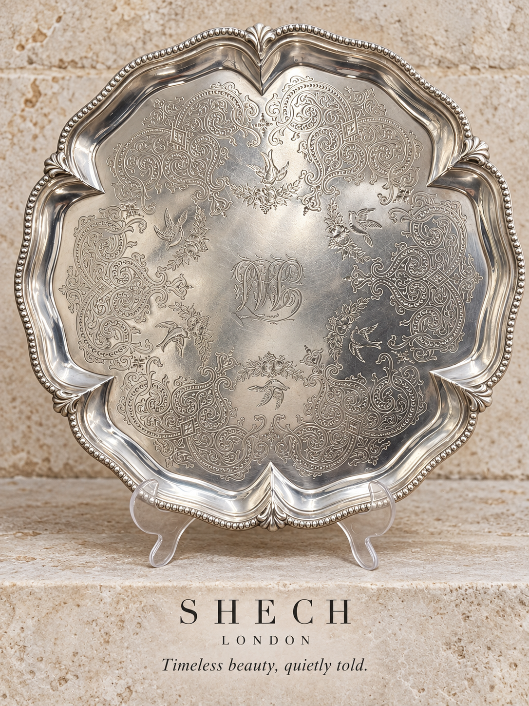 1870 Victorian Sterling Silver Salver with Engraved Birds — Goldsmiths’ Alliance Ltd, London