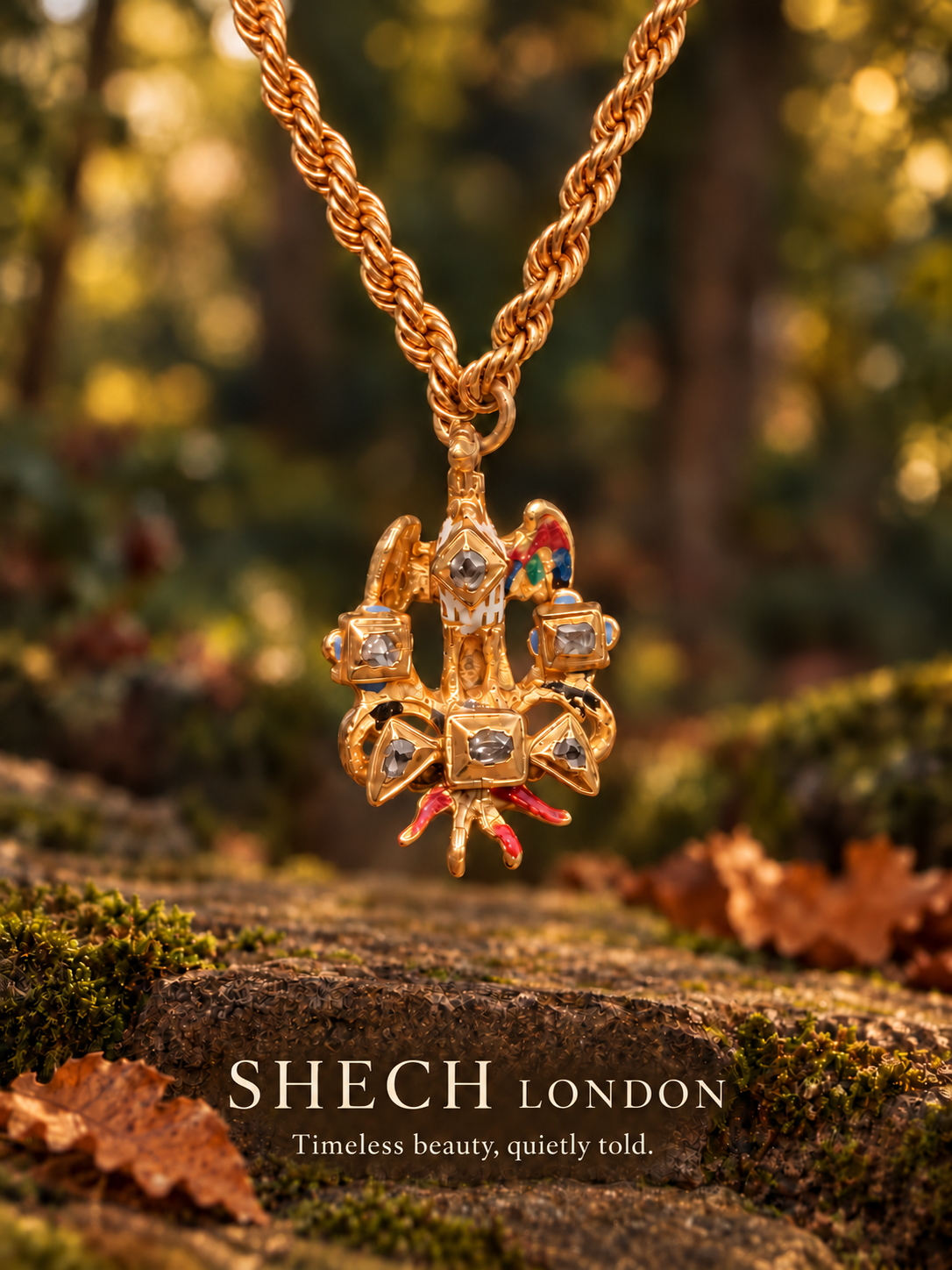 Circa 1600 European 20ct Gold Diamond and Painted Enamel “Pelican in Her Piety” Pendant with Victorian 9ct Gold Chain