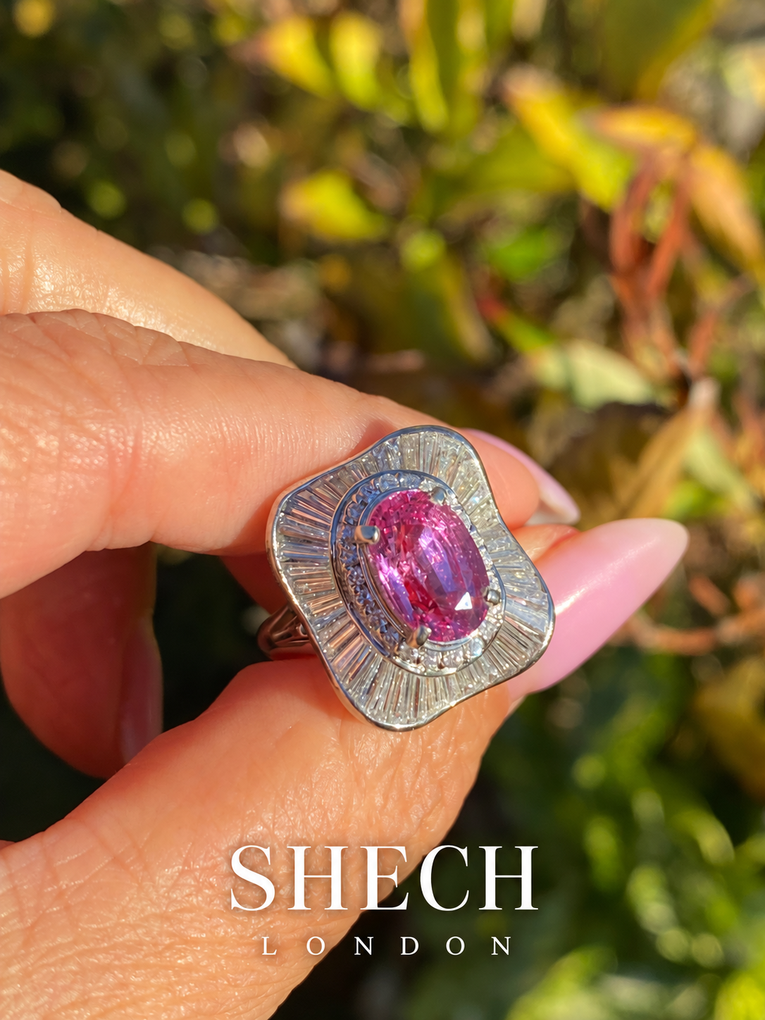 Vintage Pt900 Platinum Padparadscha Sapphire & Diamond Ring | 2.96ct Natural Orangy-Pink Sapphire with 1.78ct Diamonds | GRS Certified | Mid-Century Design