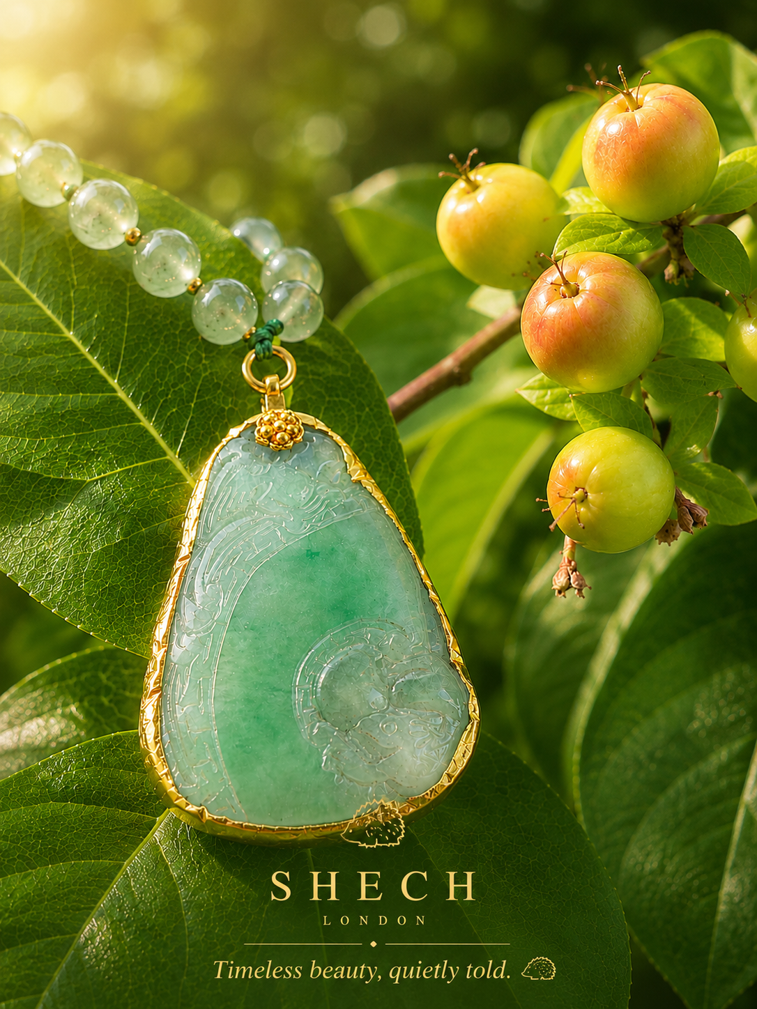 Vintage Burmese Jadeite Double-Sided Carved Pendant | 22K Gold Mount | Natural Jade Bead Necklace