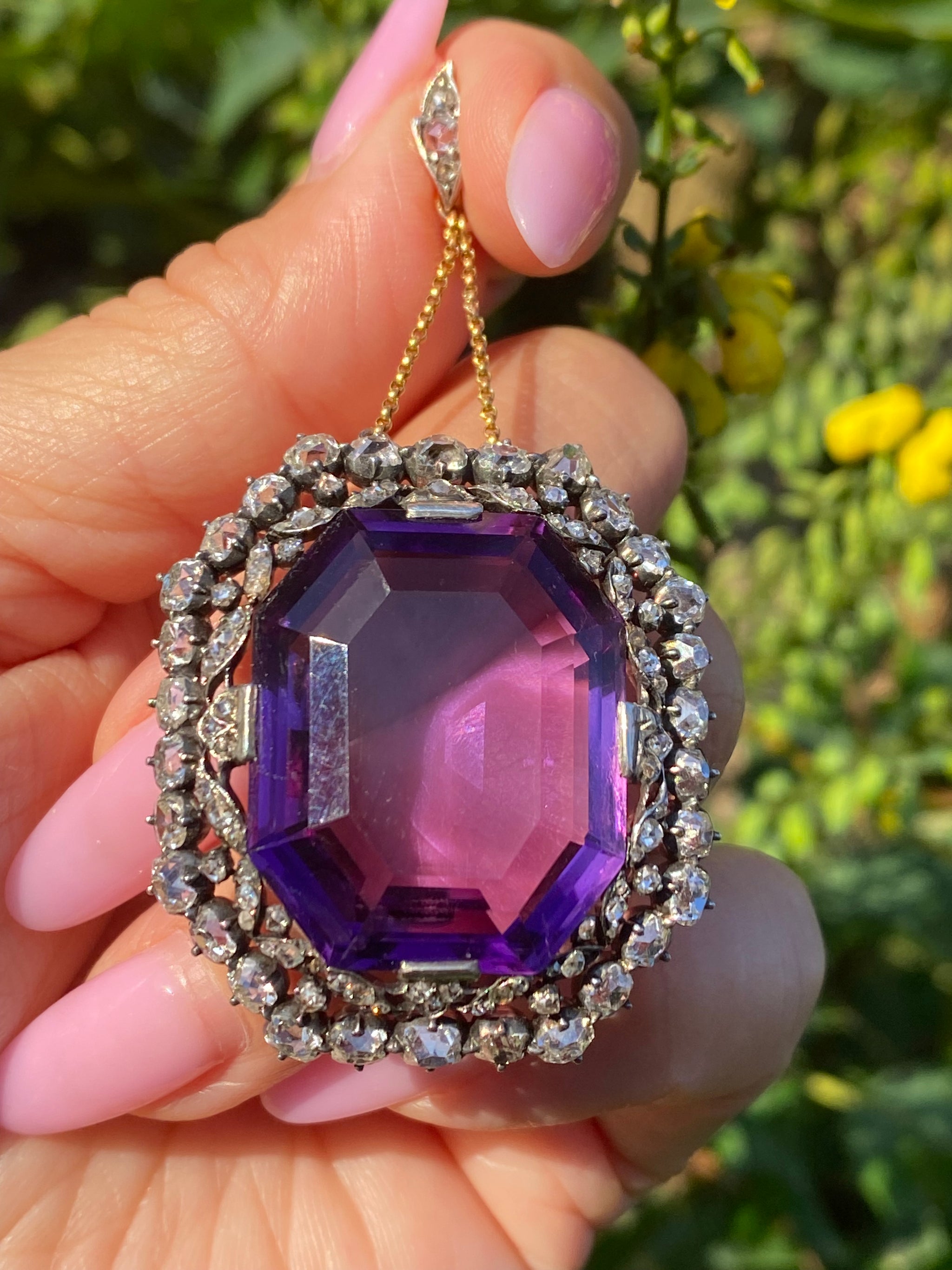 Victorian c.1890s Amethyst & Diamond Pendant Siberian-Type Amethyst 18K Gold & Silver Antique Jewellery