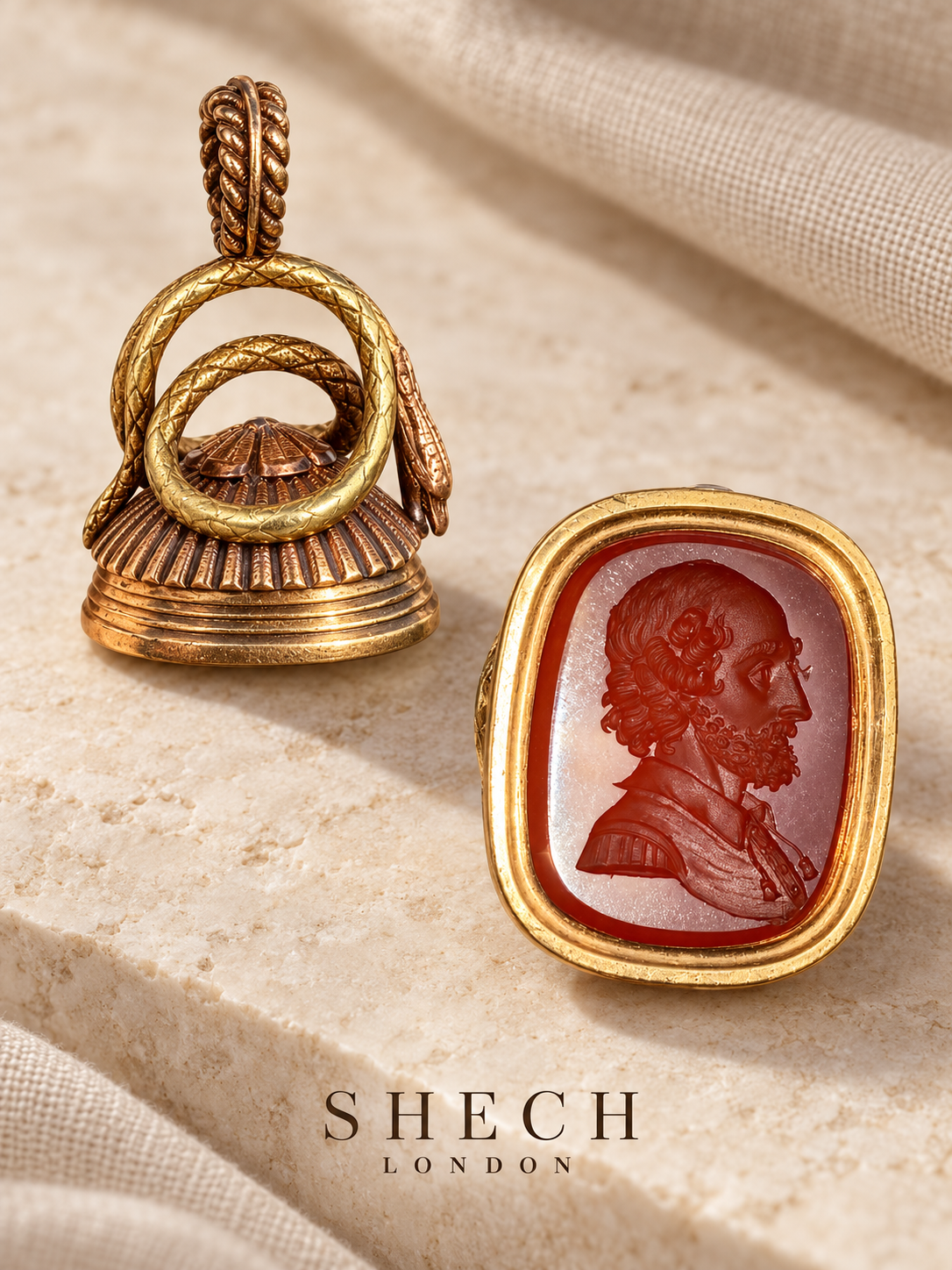 Antique 18K Two-Tone Gold Snake Fob Seal with Carnelian Portrait Intaglio | Circa 19th Century