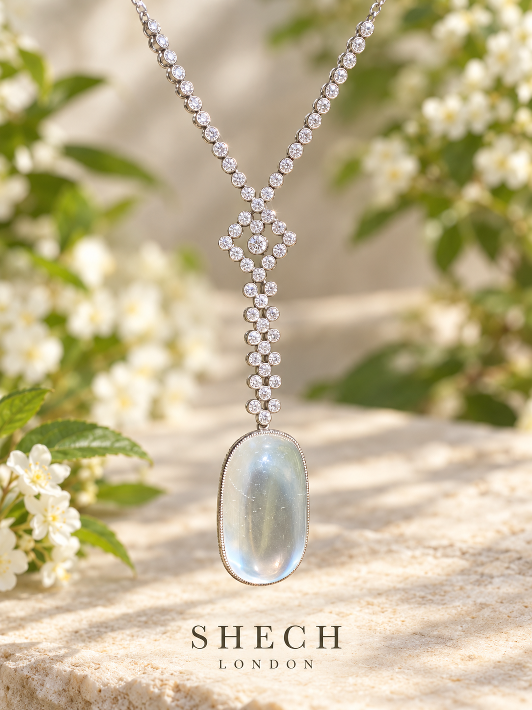 Art Deco Platinum, Moonstone & Diamond Antique Necklace | c.1920–1930